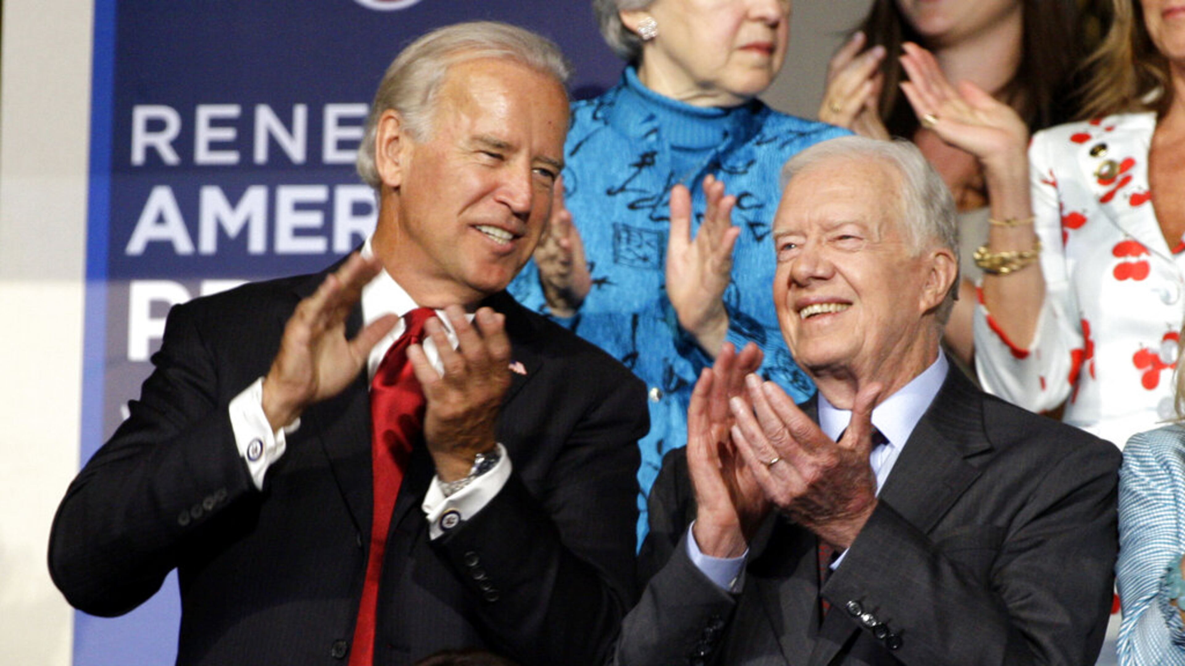 Former President Jimmy Carter (right) is seen with Democratic vice presidential candidate Sen. Joe Biden, D-Delaware, at the Democratic National Convention in Denver, Tuesday, Aug. 26, 2008. (AP Photo/Paul Sancya)