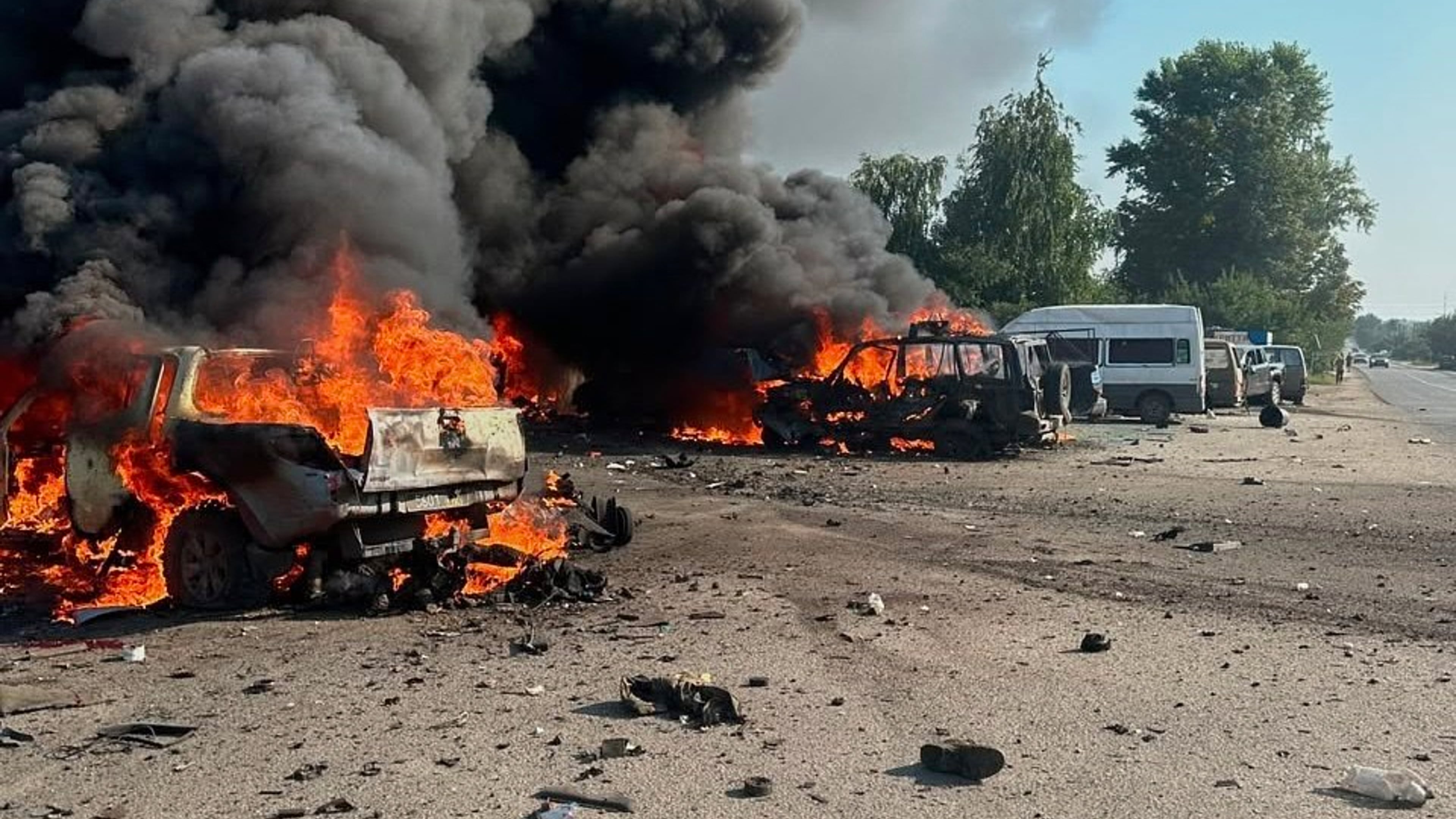 In this photo provided by the Ukrainian Emergency Service, fire is seen on the site of a Russian air attack in Pechenihy, Kharkiv region, Ukraine, Tuesday, Aug. 18, 2026. (Ukrainian Emergency Service via AP)