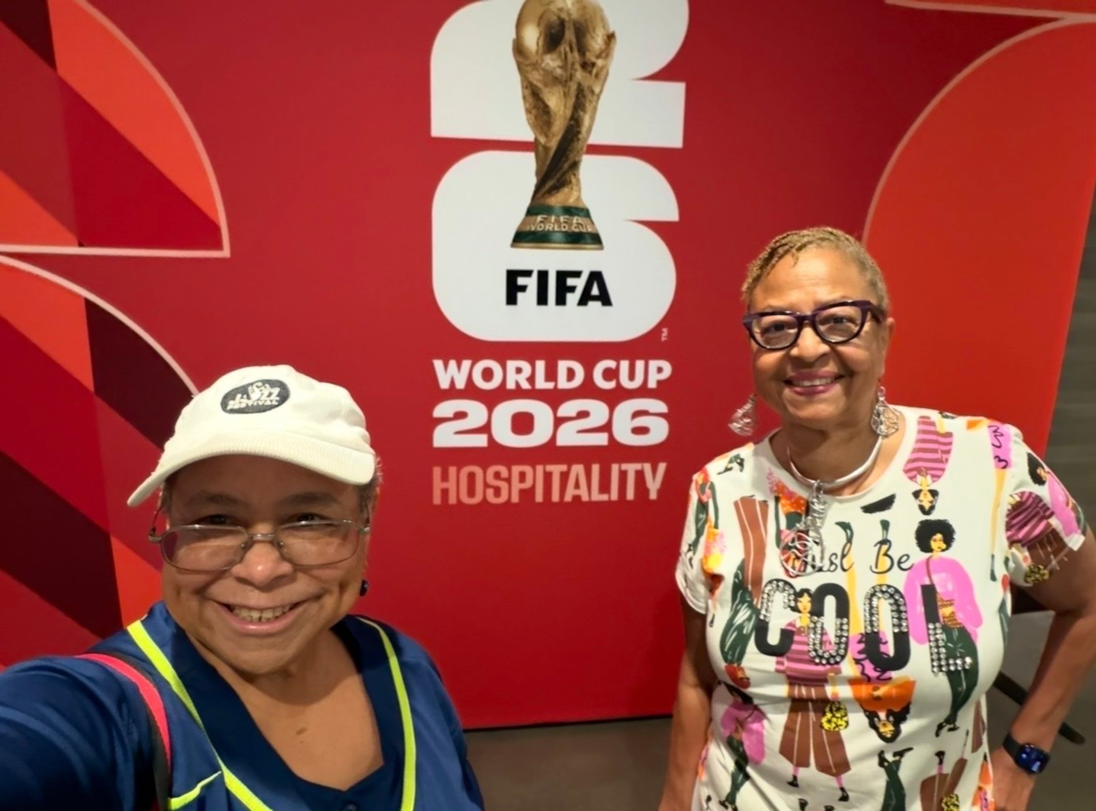 Susan Ross (left) and Cecilia Houston-Torrence attend the World Cup match between Argentina and Egypt at Atlanta Stadium on Tuesday, July 7, 2026. (Courtesy of Susan Ross).