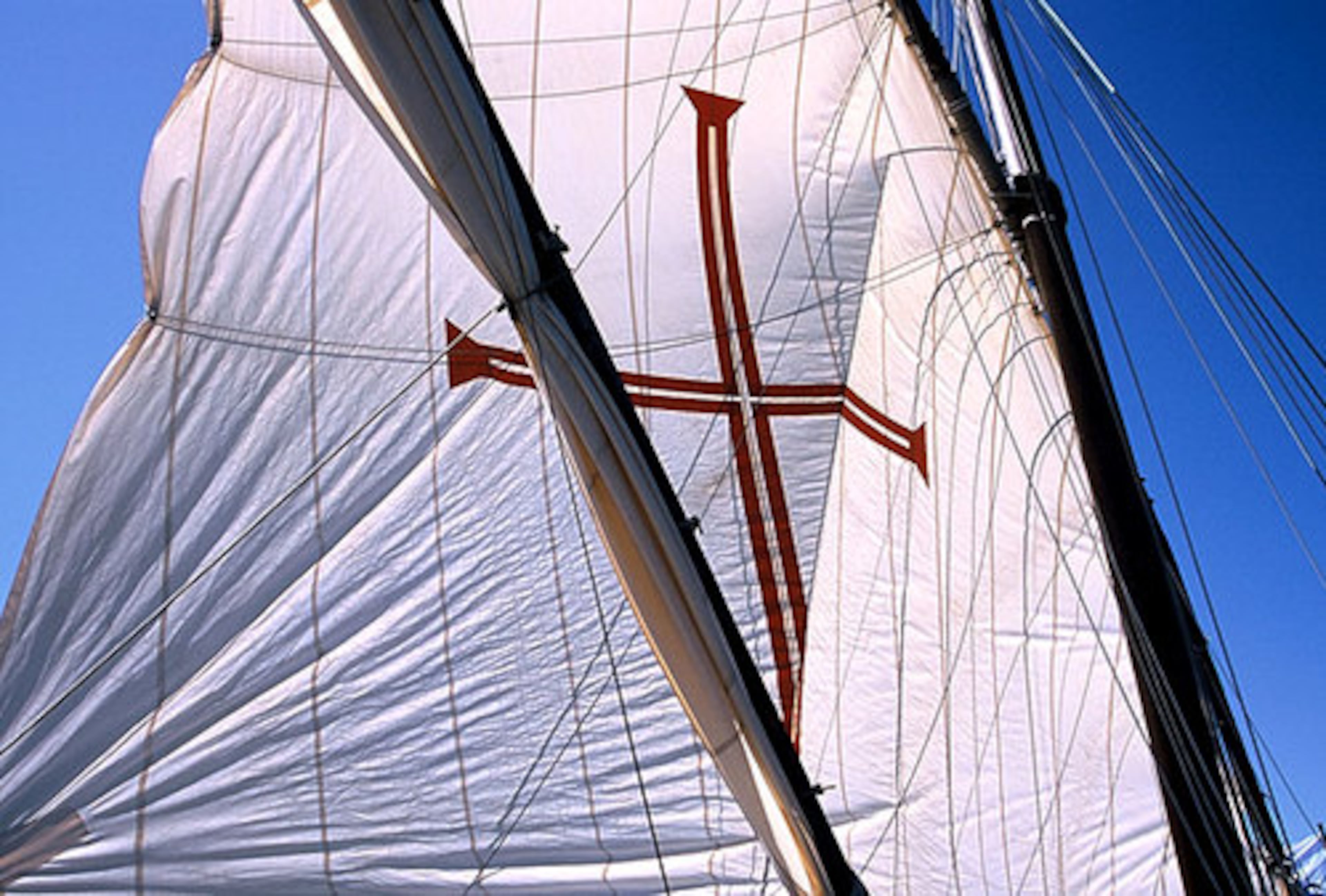 One of the sails of the caravel, Boa Esperanca, with the cross of the Order of Christ.