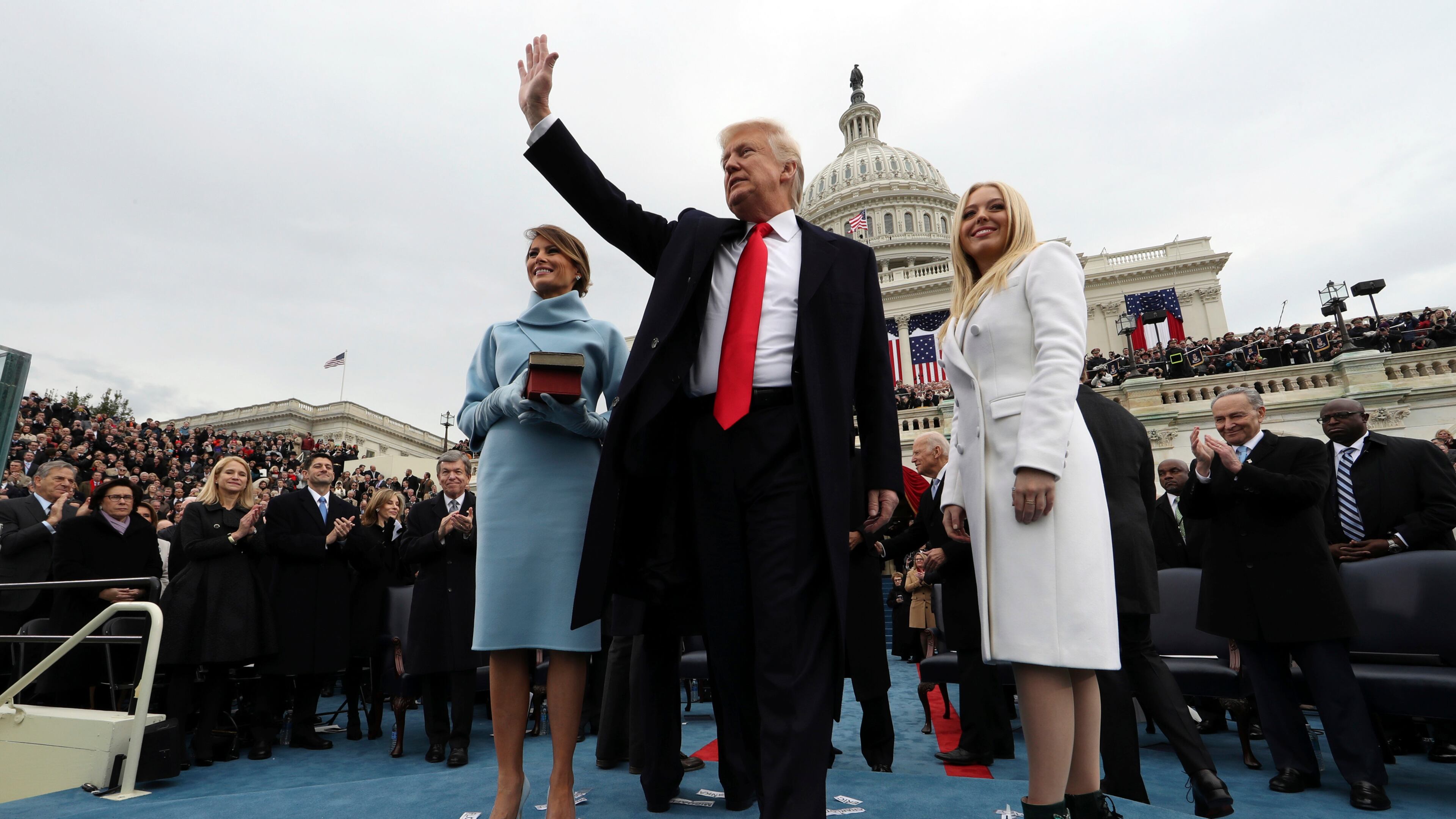 President Donald Trump waves after taking the oath of office, Jan. 20, 2017. (Jim Bourg / Pool Photo via AP)