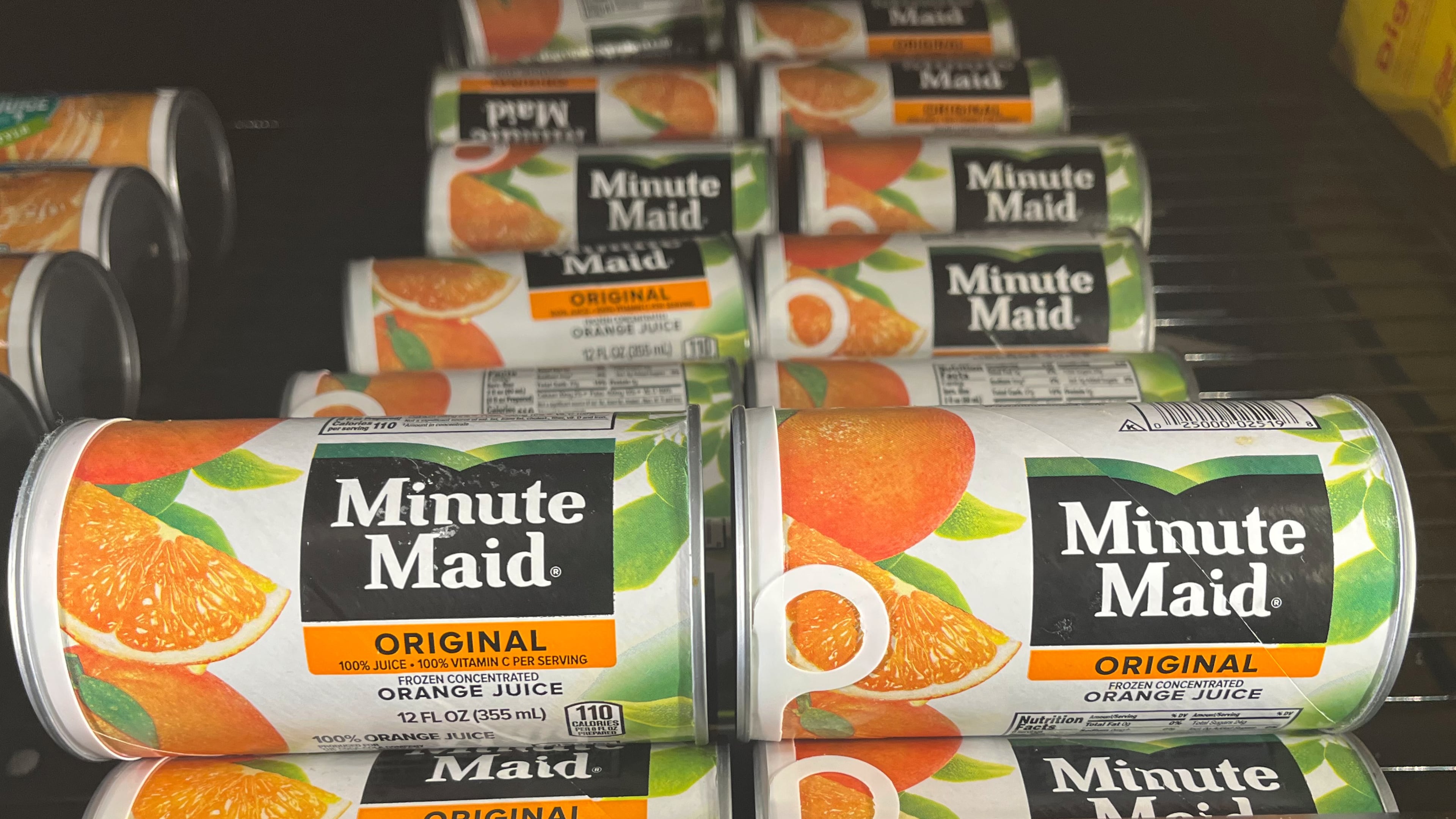 Minute Maid frozen concentrate orange juice is on display at a grocery store in White Plains, N.Y. on Wednesday, Feb. 4, 2026. (AP Photo/Donald King)