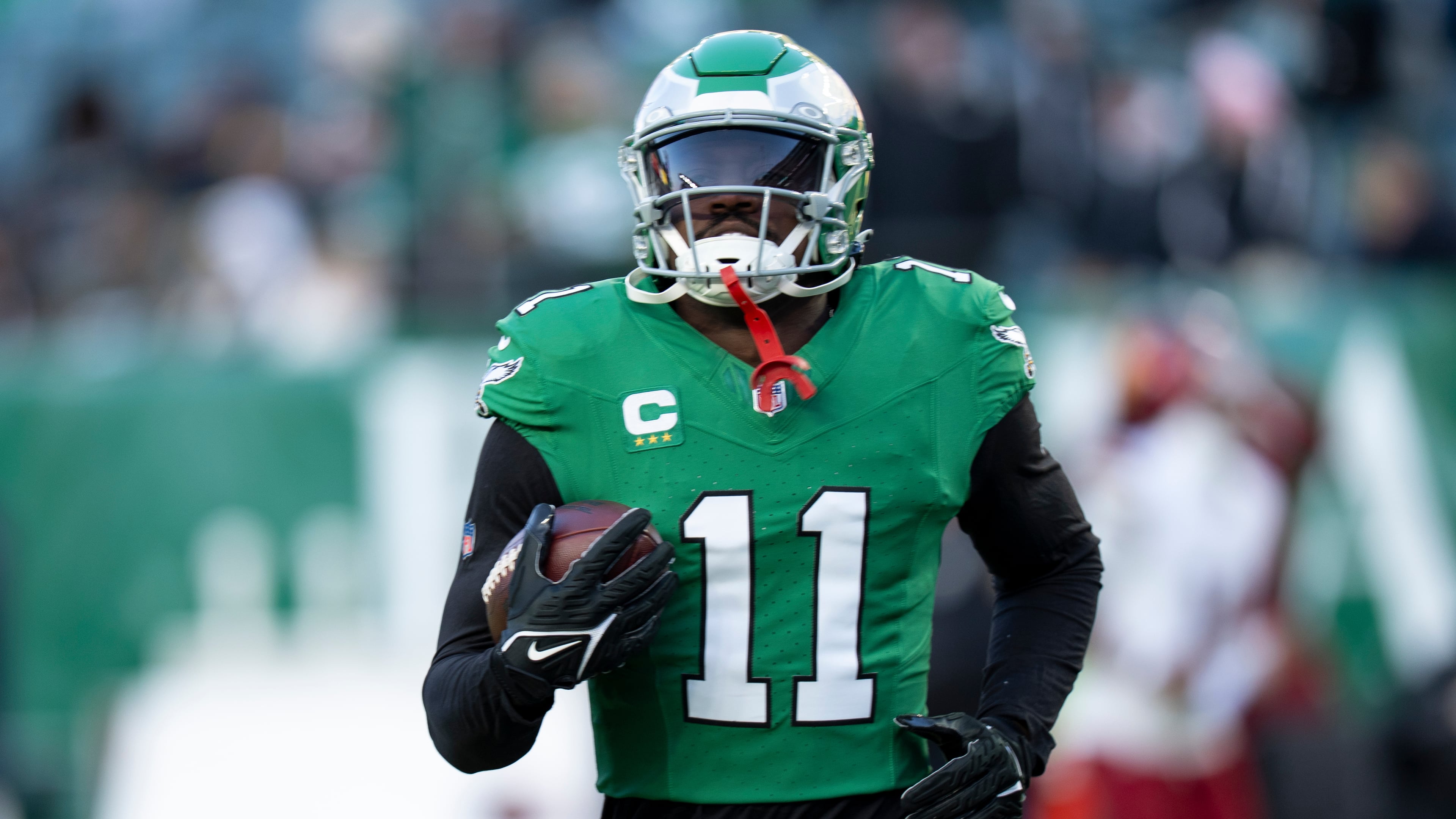 FILE - Philadelphia Eagles wide receiver A.J. Brown in action prior to an NFL football game against the Washington Commanders, Jan. 4, 2026, in Philadelphia. (AP Photo/Chris Szagola, File)