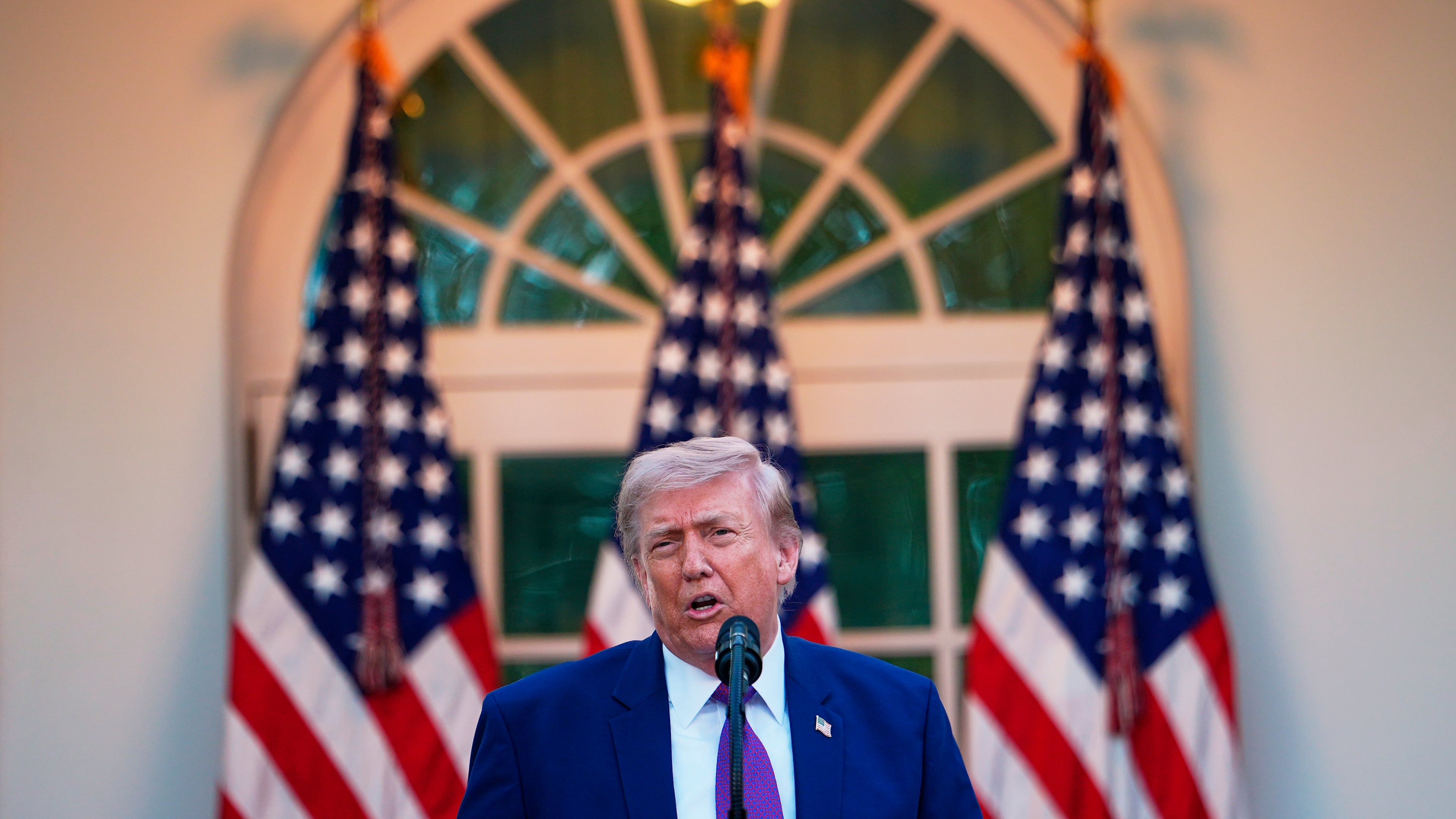 President Donald Trump speaks at a dinner for members of his administration and law enforcement organization leaders, during National Police Week, in the White House Rose Garden, Monday, May 11, 2026, in Washington. (AP Photo/Julia Demaree Nikhinson)