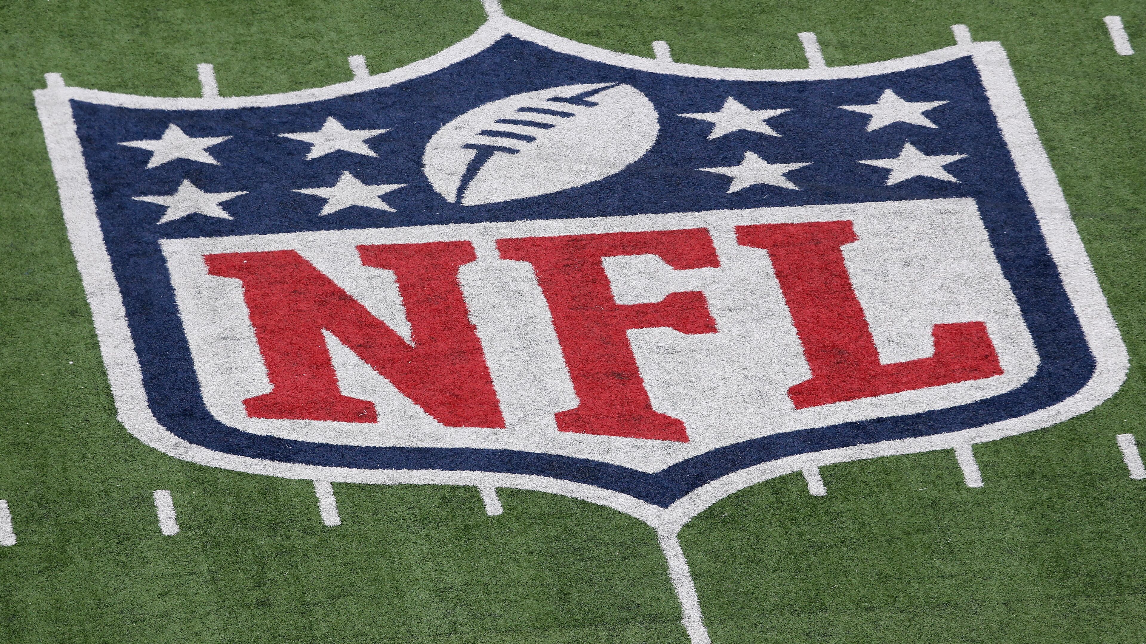 A detail of the official National Football League NFL logo is seen painted on the turf as the New York Giants host the Atlanta Falcons during their NFC Wild Card Playoff game at MetLife Stadium on Jan. 8, 2012 in East Rutherford, New Jersey. (Nick Laham/Getty Images/TNS)