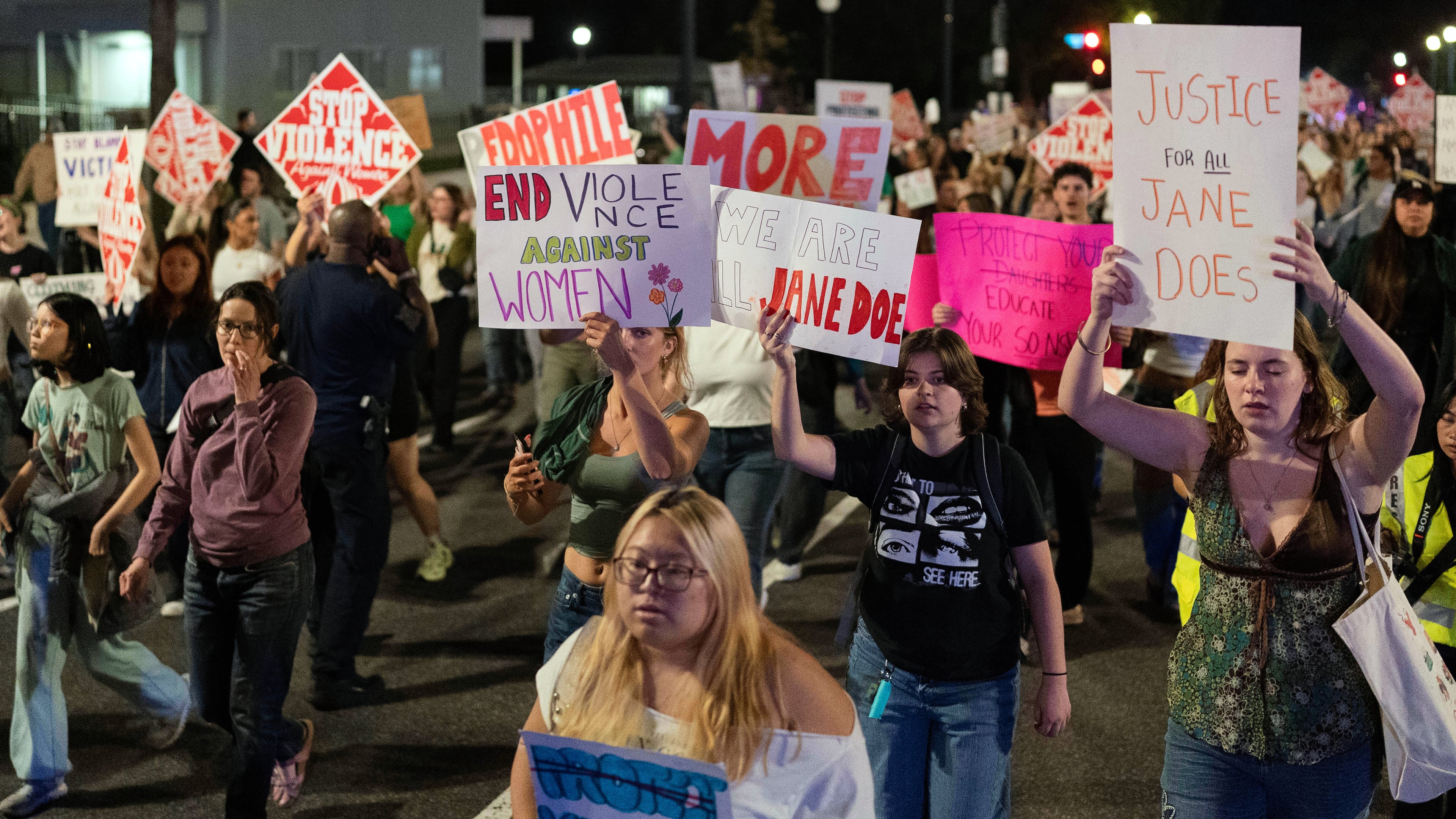 Demonstrators march from the Washington Monument to the White House during a "Stop Sexual Violence" protest in Washington, Thursday, Oct. 8, 2026. (Jose Luis Magana/AP)