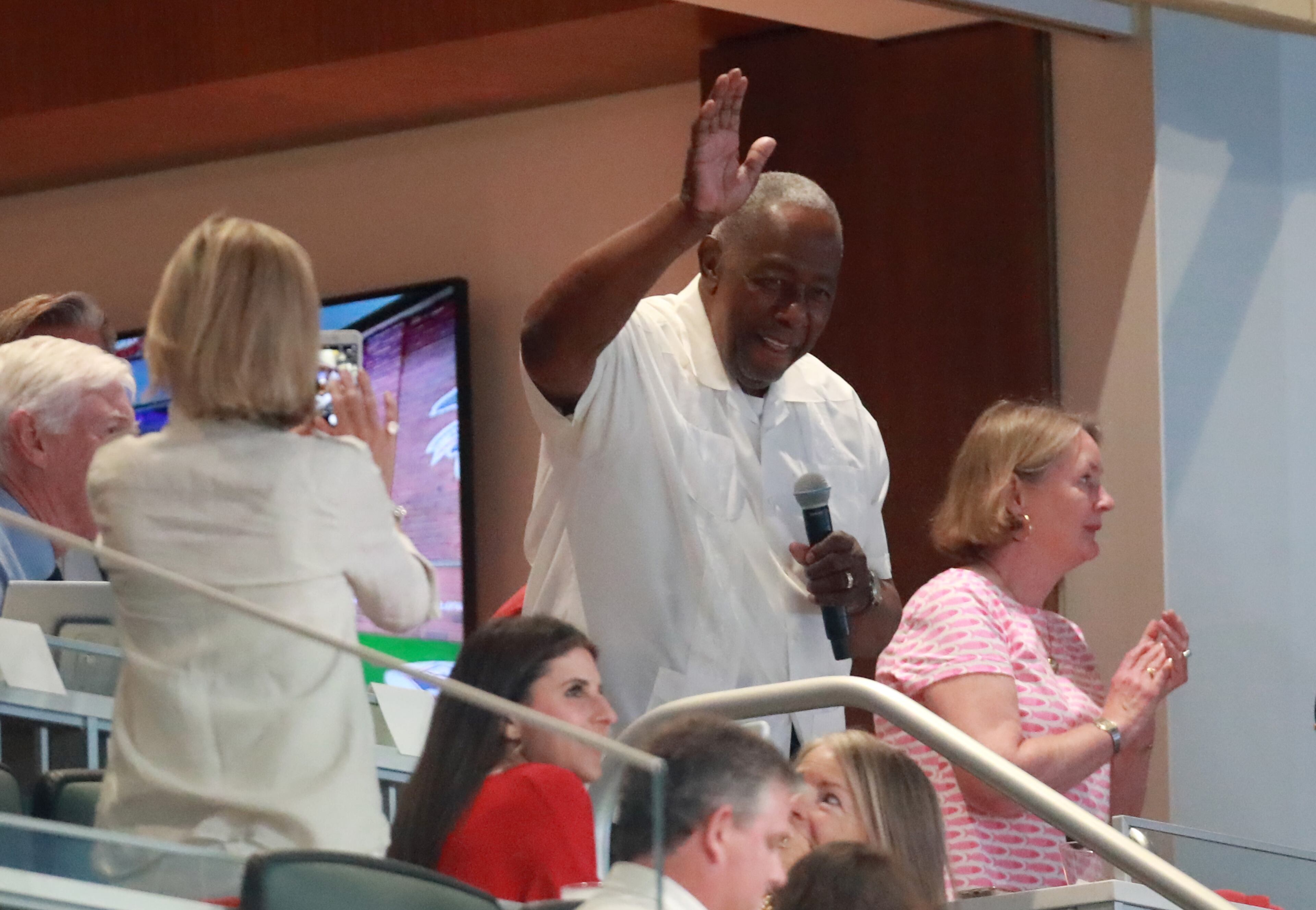 Former Atlanta Braves Hank Aaron yells "play ball" before the start of Game 3 against the Los Angeles Dodgers in a National League Division Series baseball game Sunday, October 7, 2018, in Atlanta. Curtis Compton/ccompton@ajc.com
