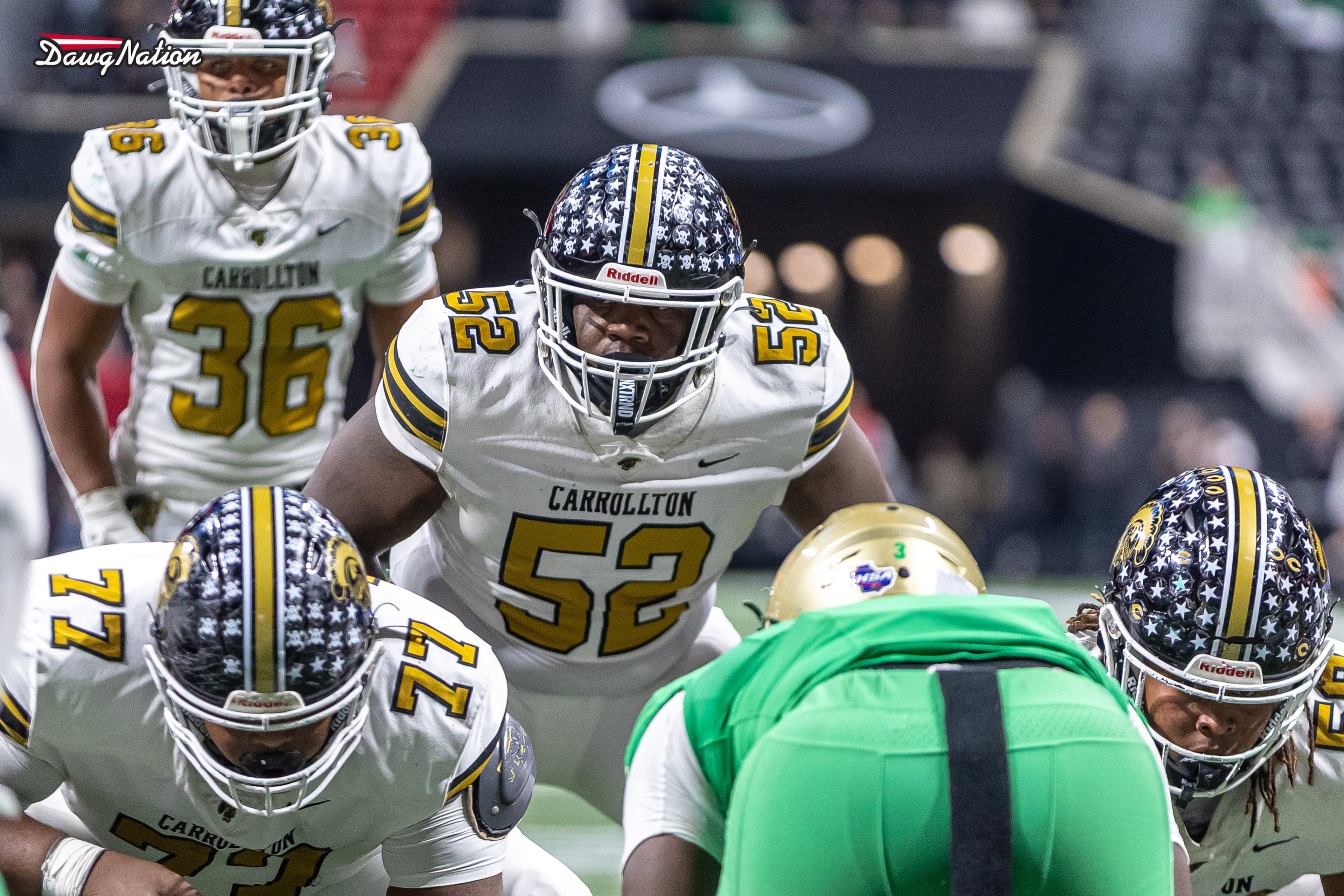 A 3-star Georgia football signee, Zykie Helton sets up prior to a snap during the GHSA Class 6A state championship on Wednesday, Dec. 17, 2025 at Mercedes-Benz-Stadium in Atlanta, Georgia. (Jeff Sentell/DawgNation)