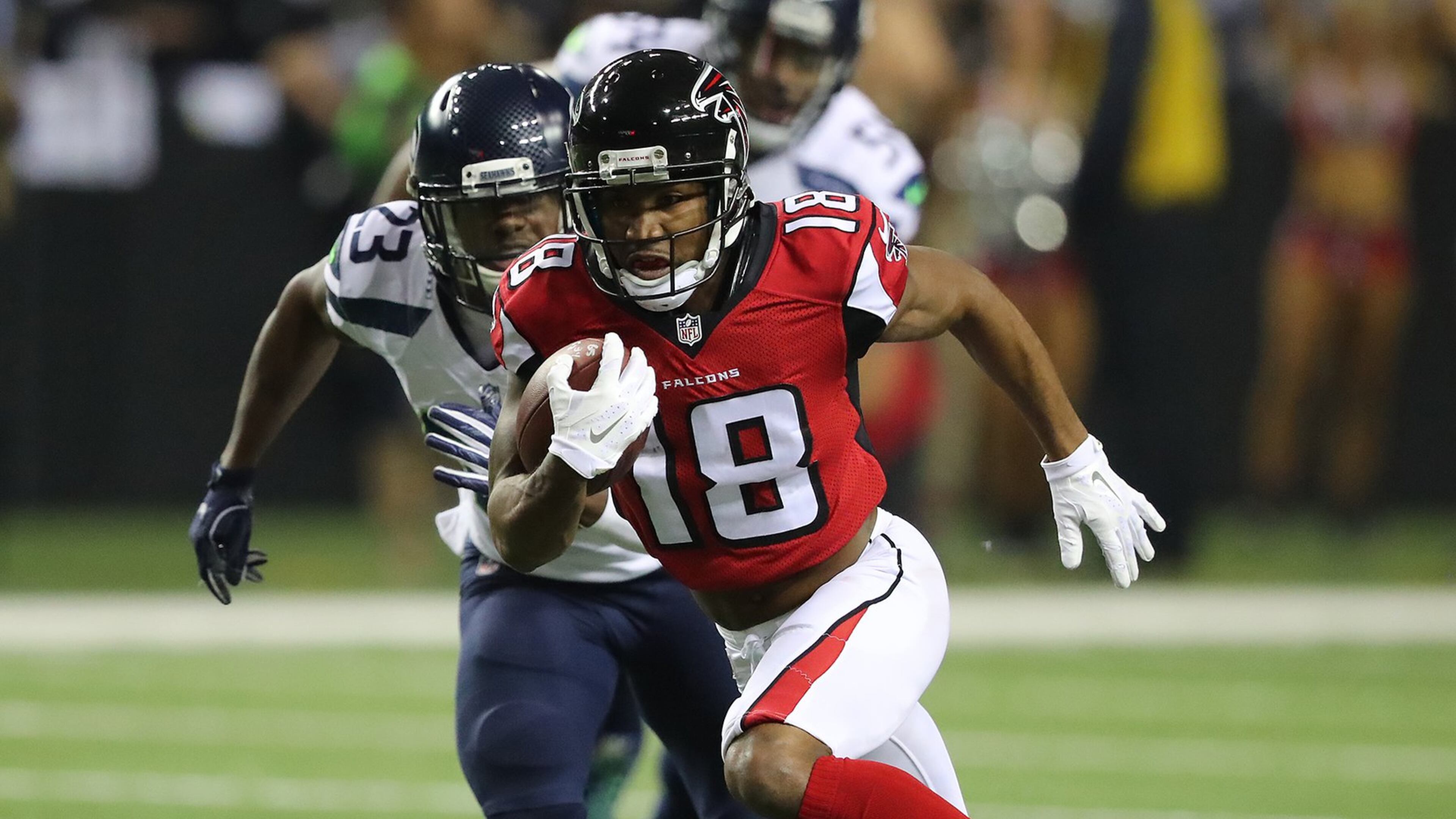 January 14, 2017, Atlanta: Falcons wide receiver Taylor Gabriel makes a 36 yard gain against the Seahawks during the second quarter in a NFL football NFC divisional playoff game on Saturday, Jan. 14, 2017, in Atlanta. Curtis Compton/ccompton@ajc.com