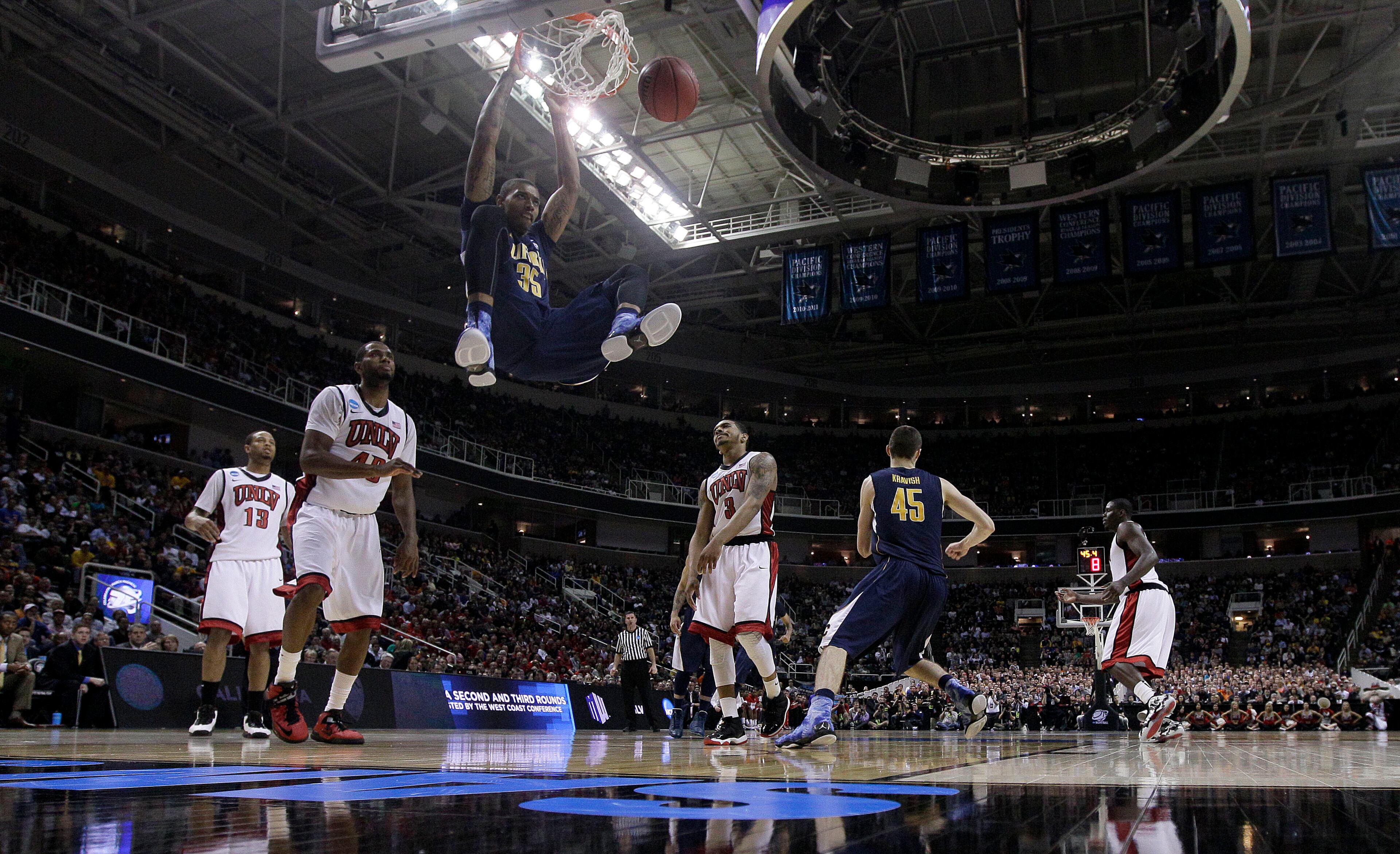 California forward Richard Solomon (35) dunks against UNLV during a second-round game in the NCAA college basketball tournament in San Jose, Calif., Thursday, March 21, 2013. (AP Photo/Jeff Chiu)