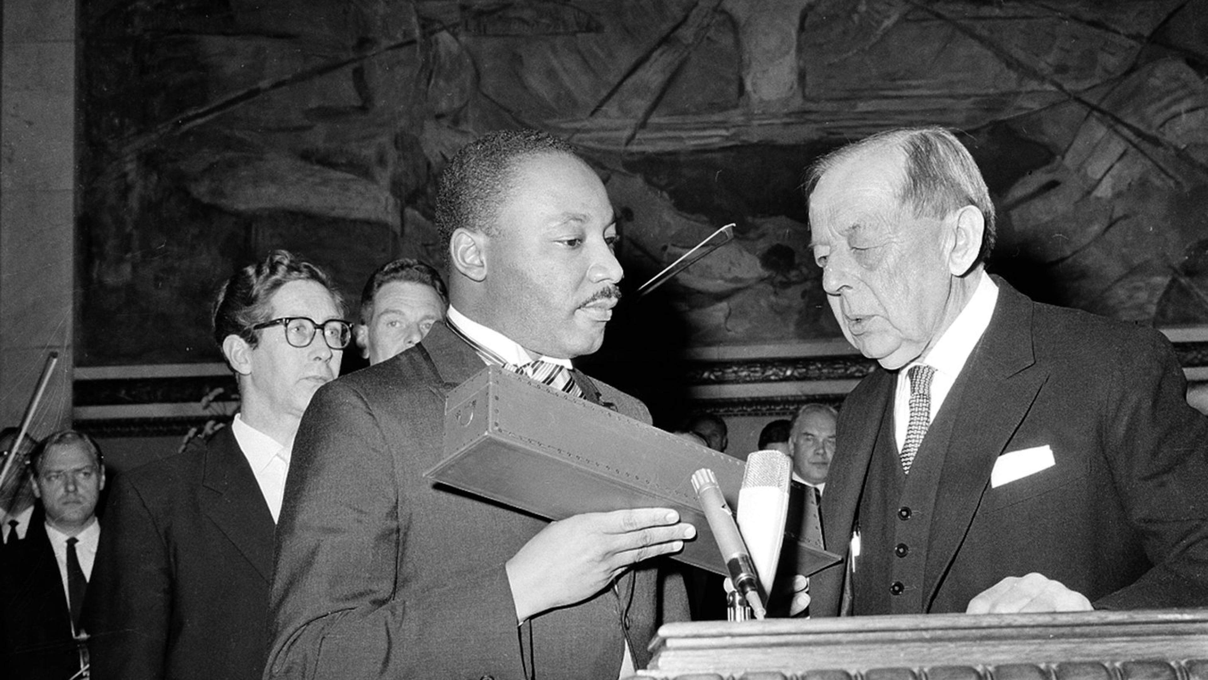 Dr. Martin Luther King Jr., American civil rights leader, receives the Nobel Peace Prize from the hands of Gunnar Jahn, Chairman of the Nobel Committee, in Oslo, Norway, December 10, 1964. (AP Photo)