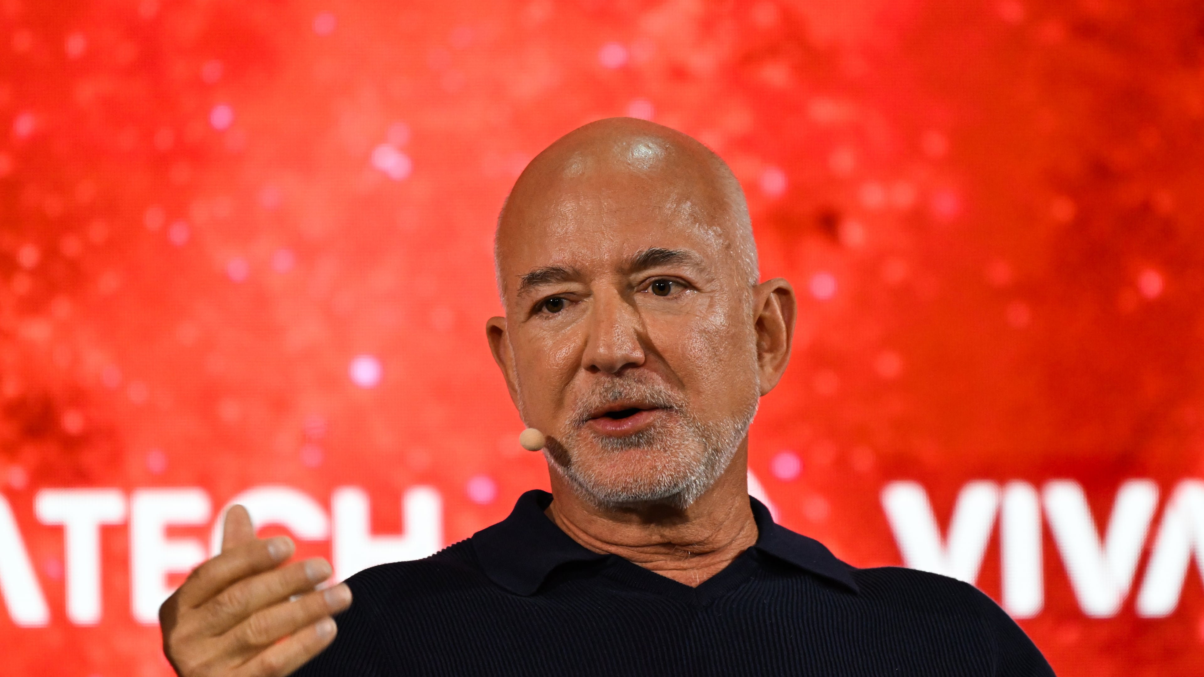 Amazon founder Jeff Bezos speaks at the Vivatech fair in Paris, Wednesday, June 17, 2026. (AP Photo/Emma Da Silva)