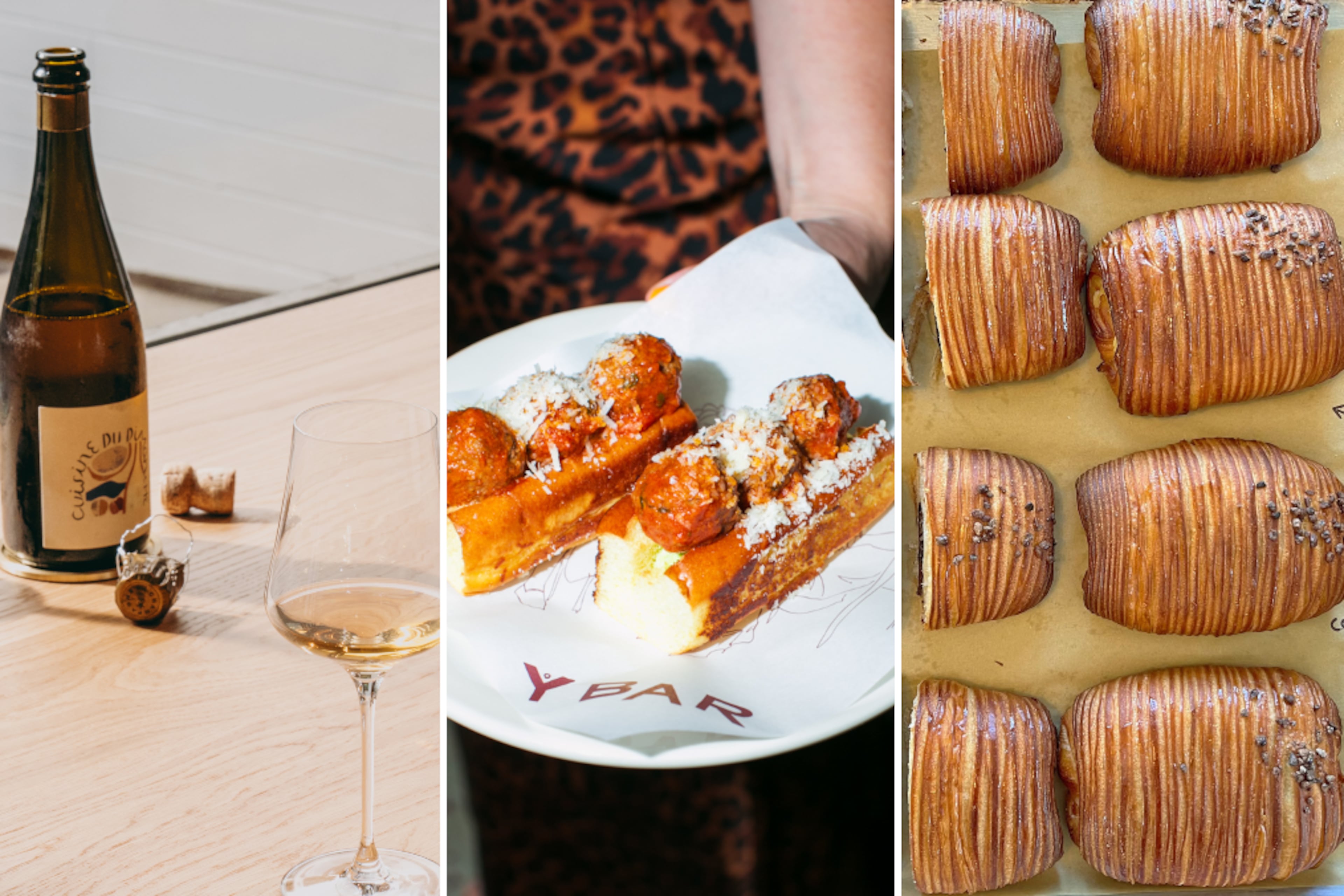 Photos from three Atlanta restaurants that opened in July 2026 (from left): the standing bar at So. Fox (Courtesy of Dave Crawford); mini meatball subs at Y Bar e Ristorante (Courtesy of Sarah Lawless); and a variety of croissants at Summerland Cafe (Courtesy of Summerland).
