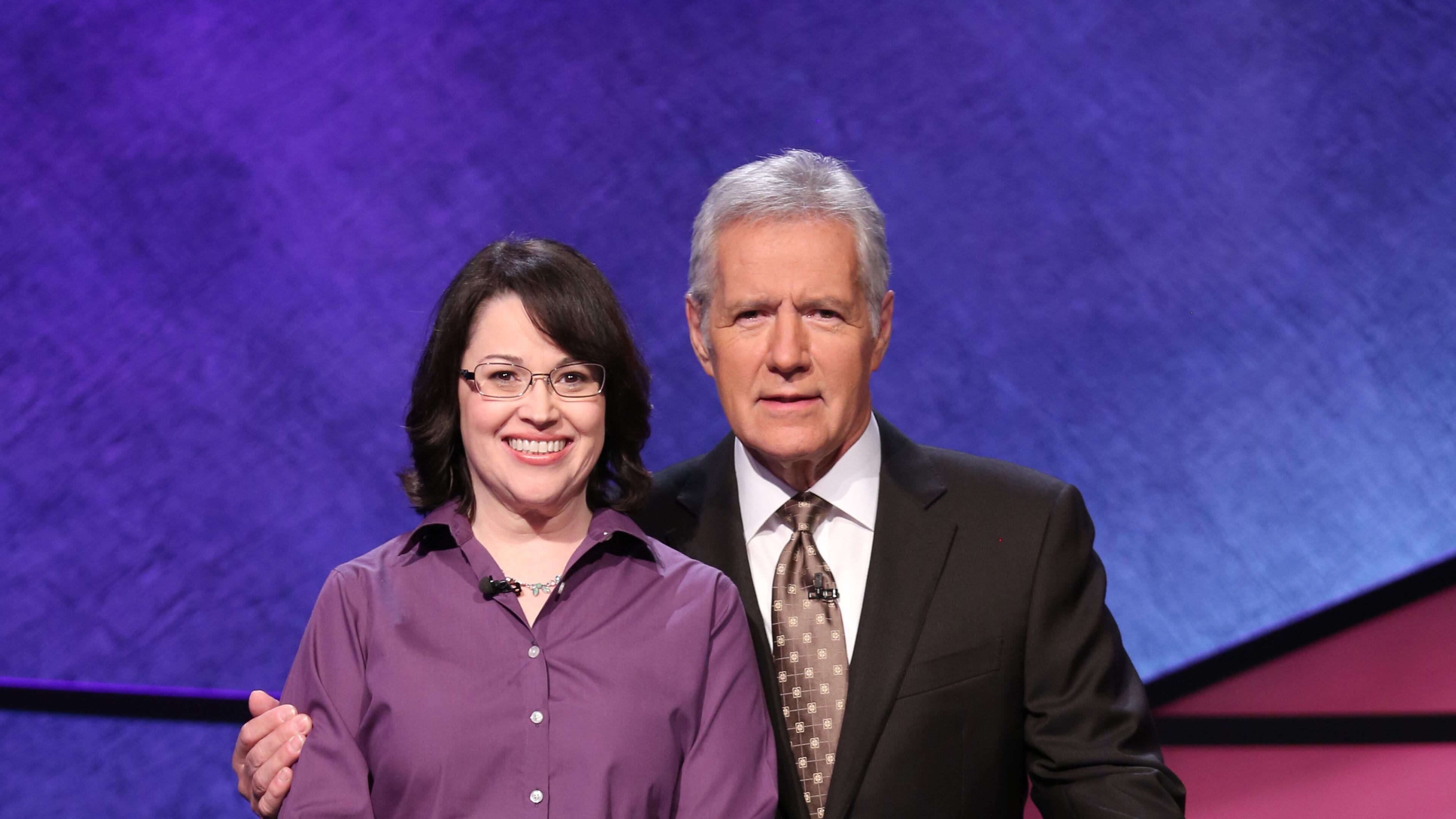 Robin Carroll of Marietta with Alex Trebek. She is moving to the semifinals of the Tournament of the Decades to air in May.