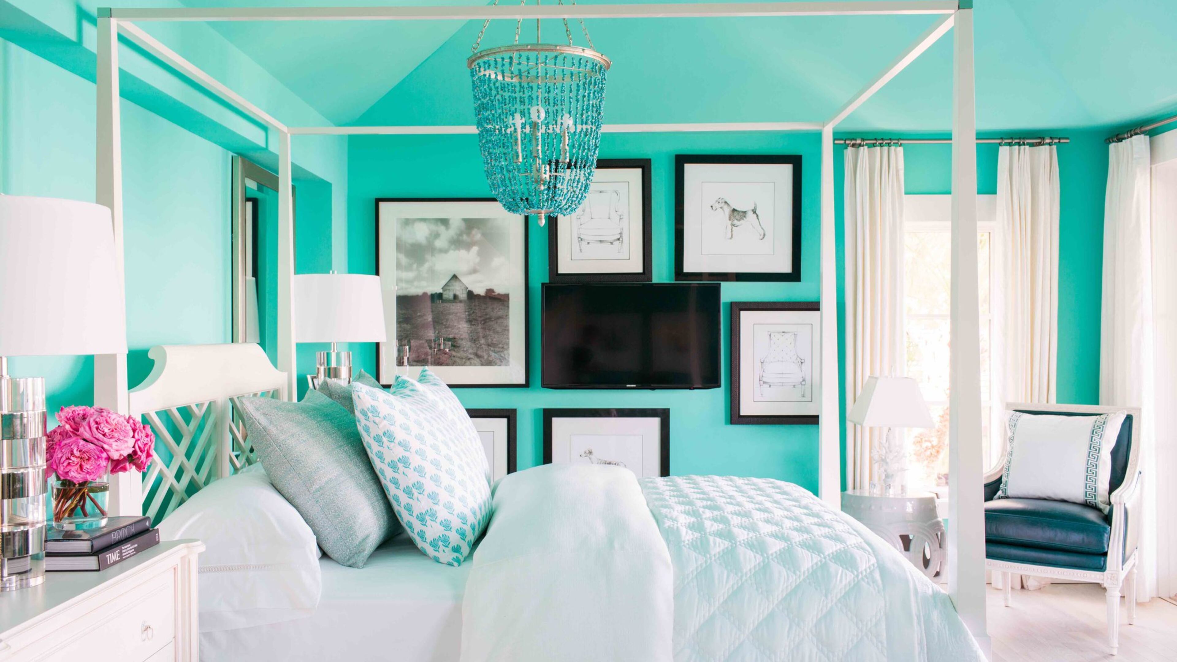 While the main spaces are kept light and neutral, Designer Brian Patrick Flynn decided to go bold in the HGTV Dream Home master bedroom using a bright shade of blue-green called Thai Teal from Glidden on its walls and ceiling. Contributed by HGTV/Rustic White Photography