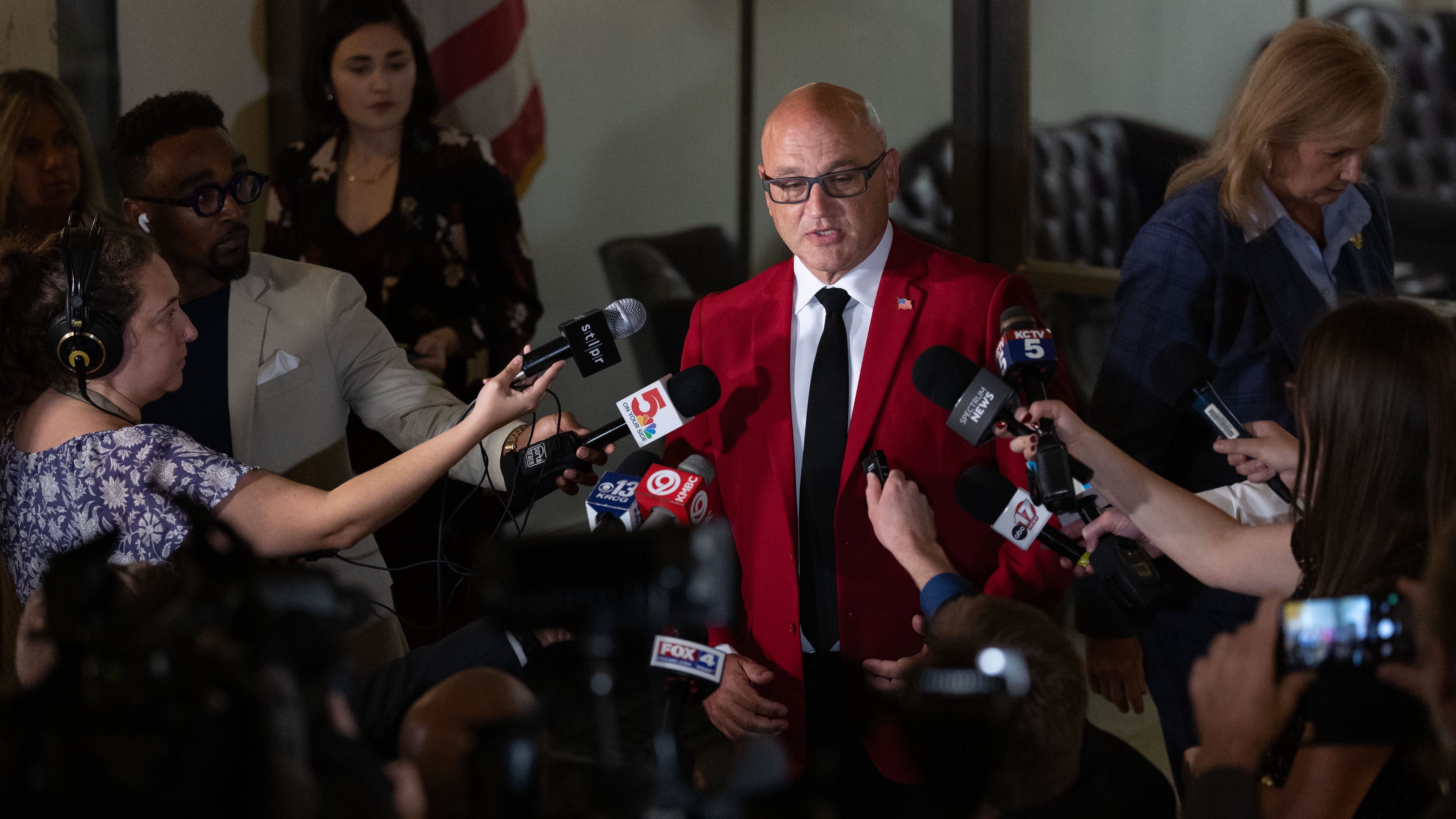 Missouri Secretary of State Denny Hoskins speaks to members of the press after his contempt hearing at the Missouri Supreme Court in Jefferson City, Mo., Thursday, Sept. 10, 2026. (Liz Rymarev/St. Louis Post-Dispatch via AP, Pool)