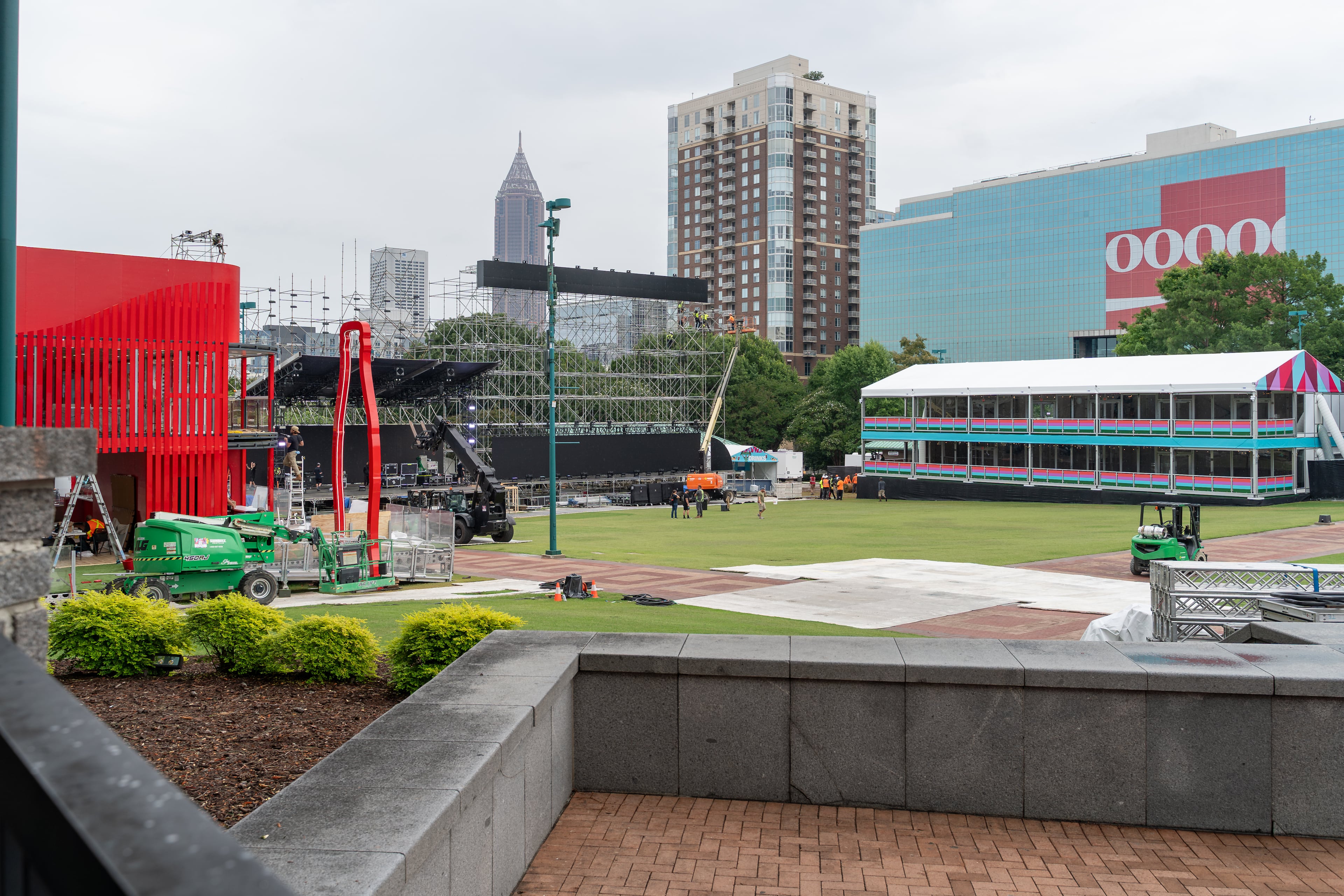Work continues preparing Cenntennial Olympic Park to host the upcoming FIFA Fan Festival on Tuesday, June 9, 2026. (Ben Hendren for the AJC)