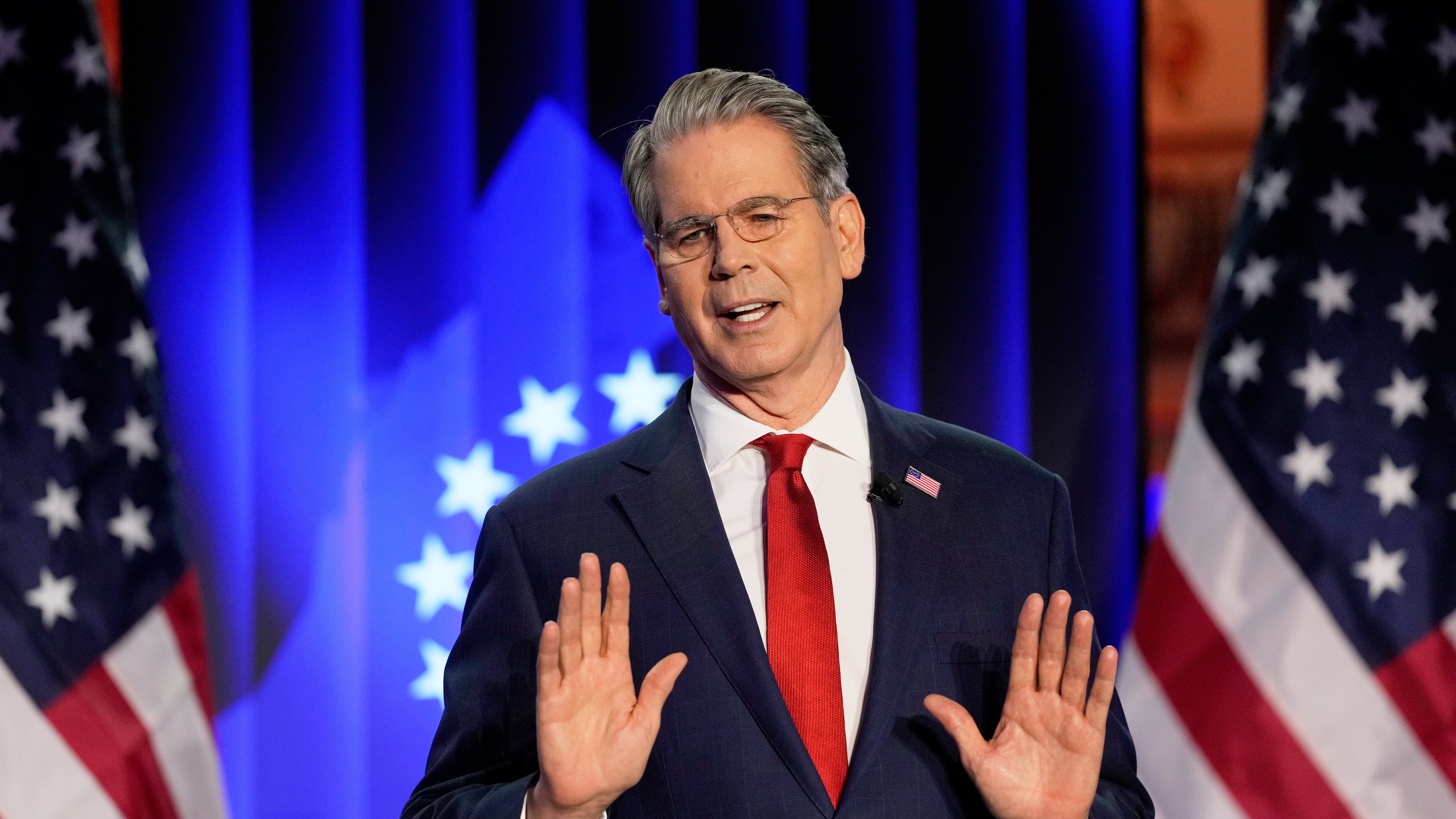 Scott Bessent, US Secretary of the Treasury, holds a speech at the USA House during the Annual Meeting of the World Economic Forum in Davos, Switzerland, Tuesday, Jan. 20, 2026. (AP Photo/Markus Schreiber)
