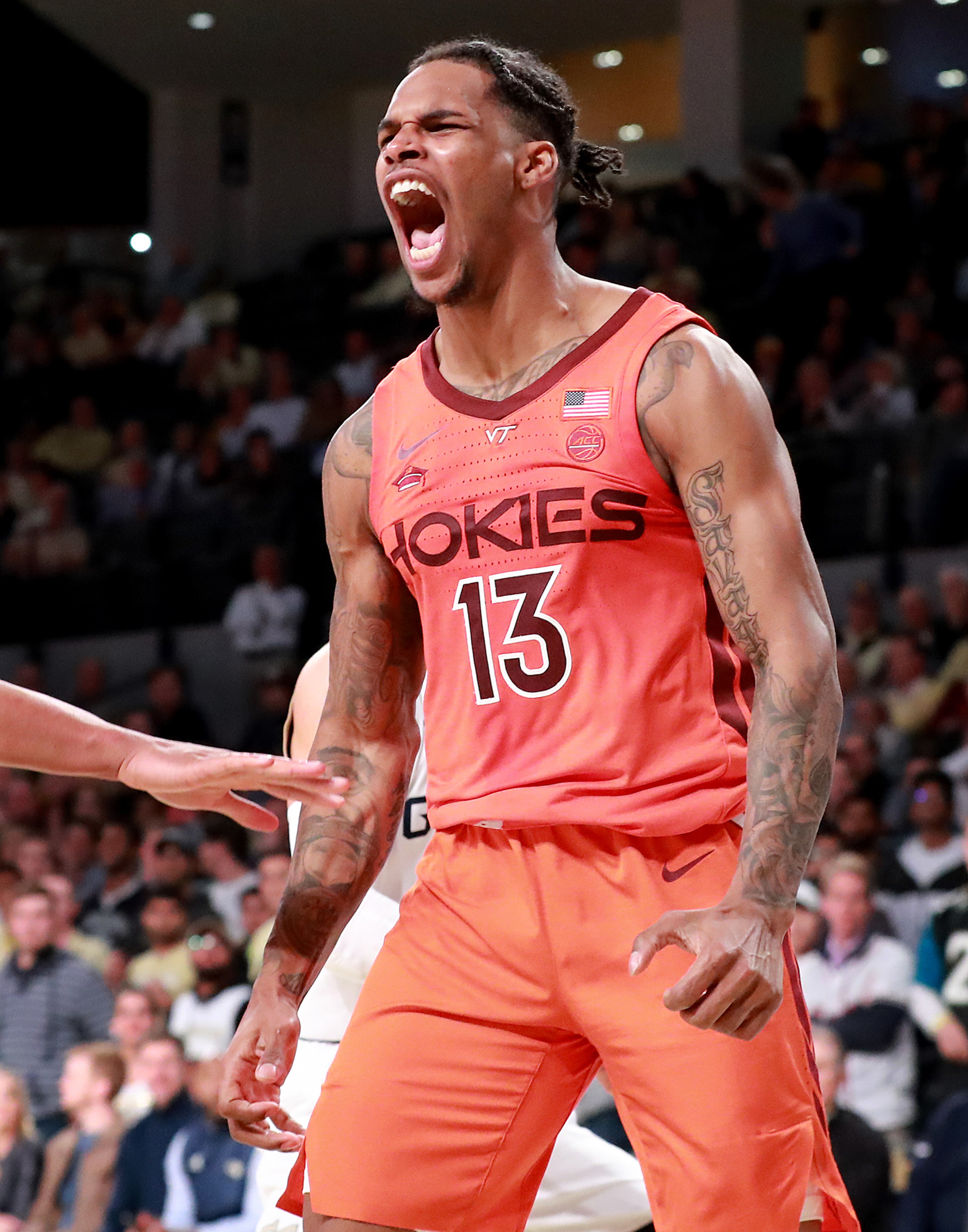 Jan. 09, 2019 Atlanta: Virginia Tech guard Ahmed Hill reacts to slamming for two points against Georgia Tech for a 52-49 victory during the second half in a NCAA basketball at McCamish Pavilion on Wednesday, Jan. 9, 2019, in Atlanta. Curtis Compton/ccompton@ajc.com