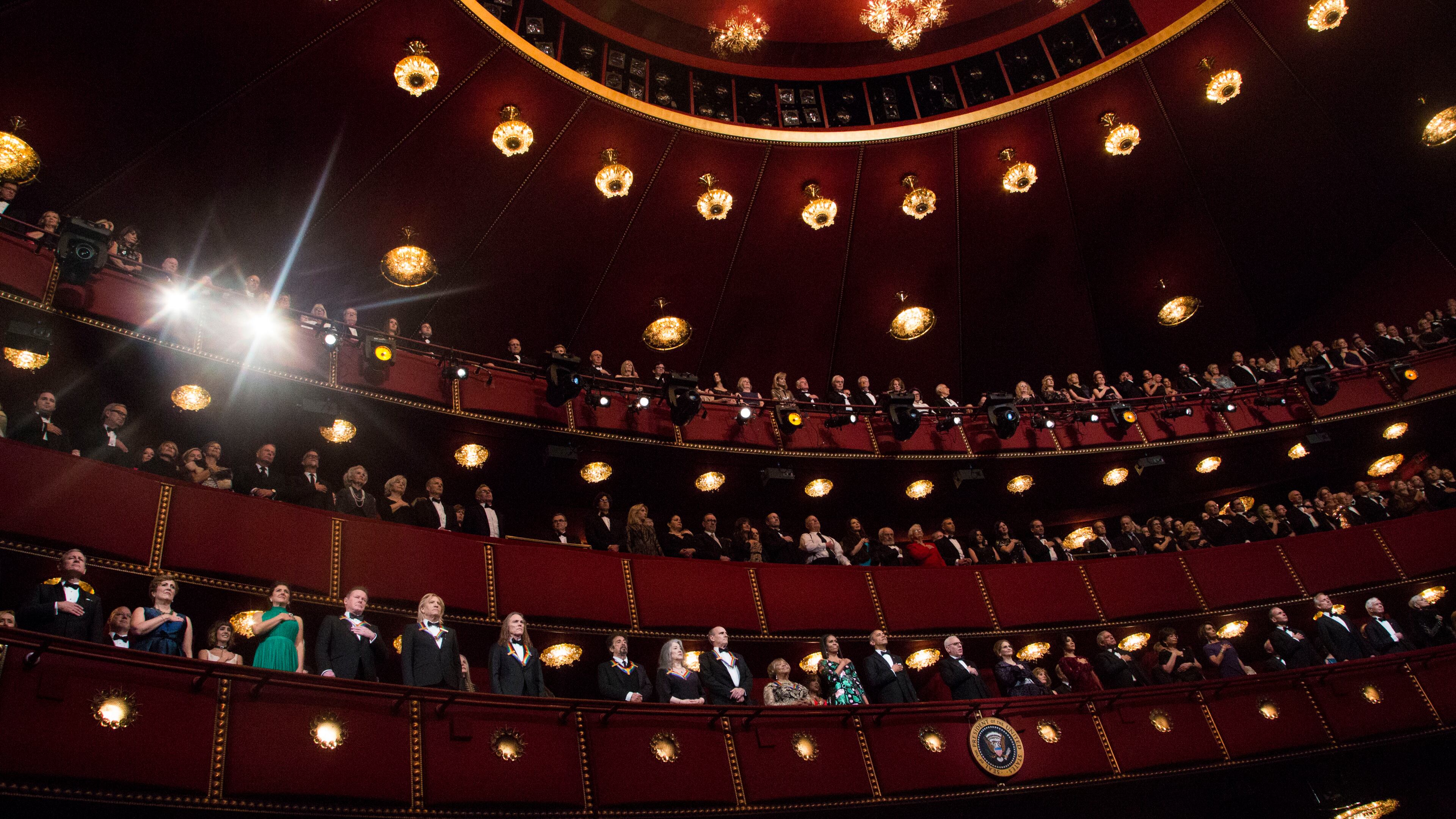 WASHINGTON, DC - DECEMBER 4: President Barack Obama, first lady Michelle Obama and the honorees listen to the US National Anthem during the Kennedy Center Honors show December 4, 2016 at the Kennedy Center in Washington, DC. (Photo by Aude Guerrucci-Pool/Getty Images)