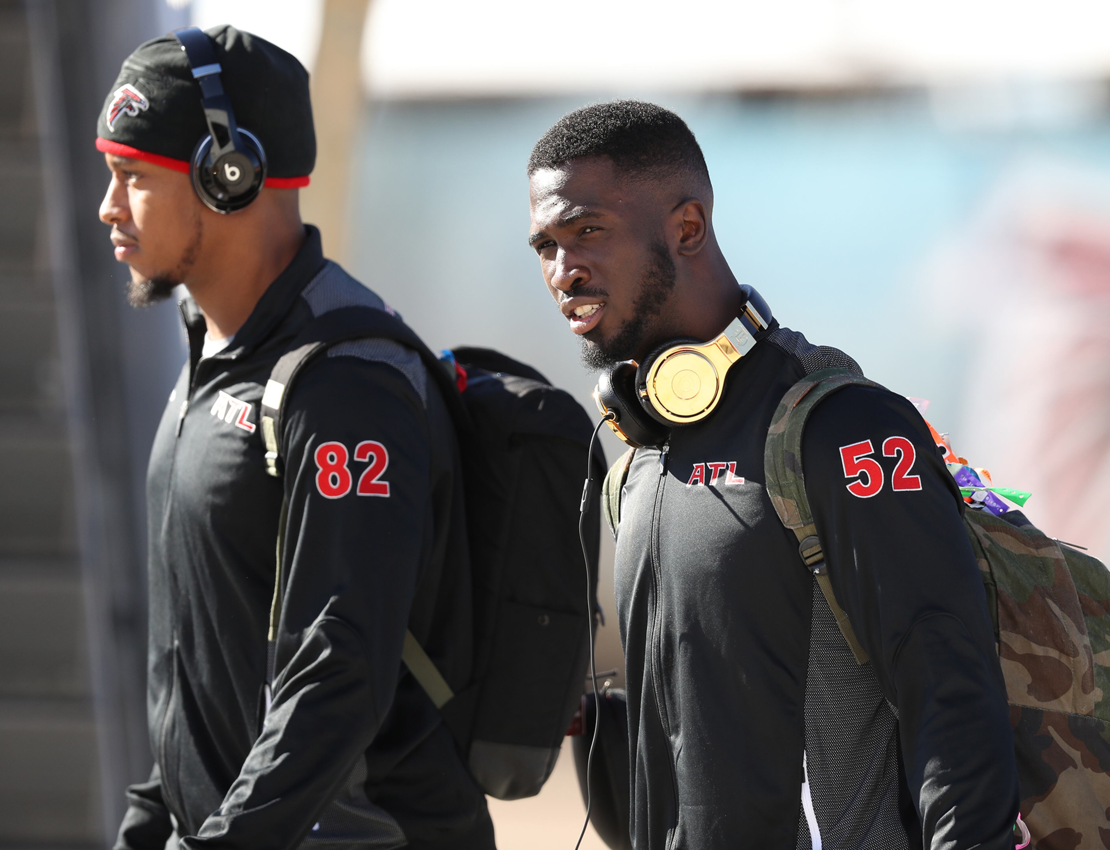 Falcons tight end Joshua Perkins and linebacker Josh Keyes arrive at George W. Bush Intercontinental Airport for the Super Bowl on Sunday, Jan. 29, 2017, in Houston.