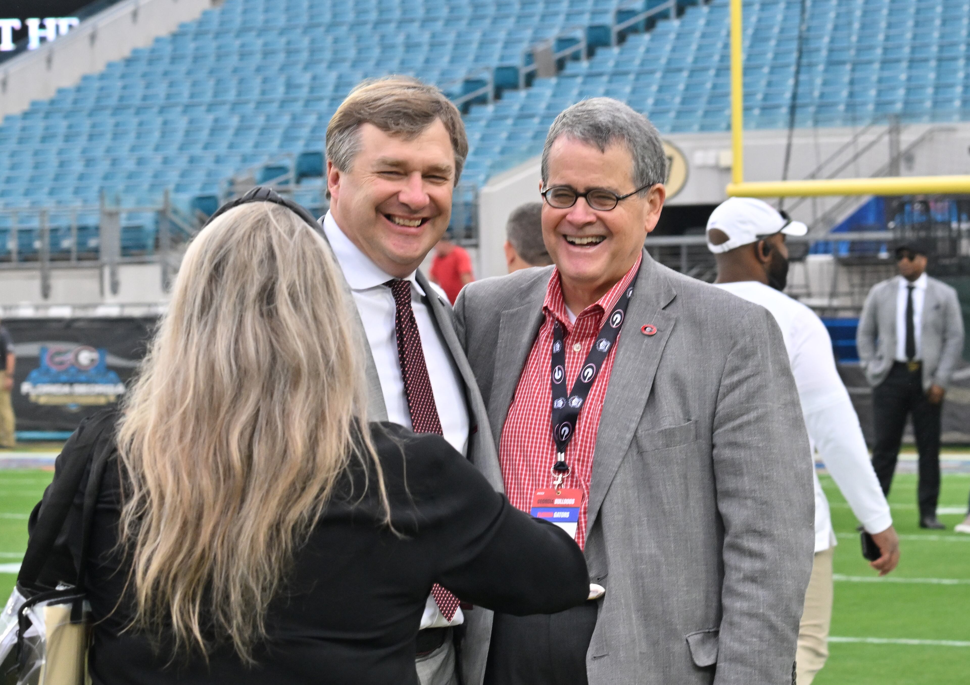 Georgia's head coach Kirby Smart poses with UGA President Jere W. Morehead at TIAA Bank Field ahead of Georgia vs Florida NCAA football game on Saturday, October 29, 2022. (Hyosub Shin / Hyosub.Shin@ajc.com)