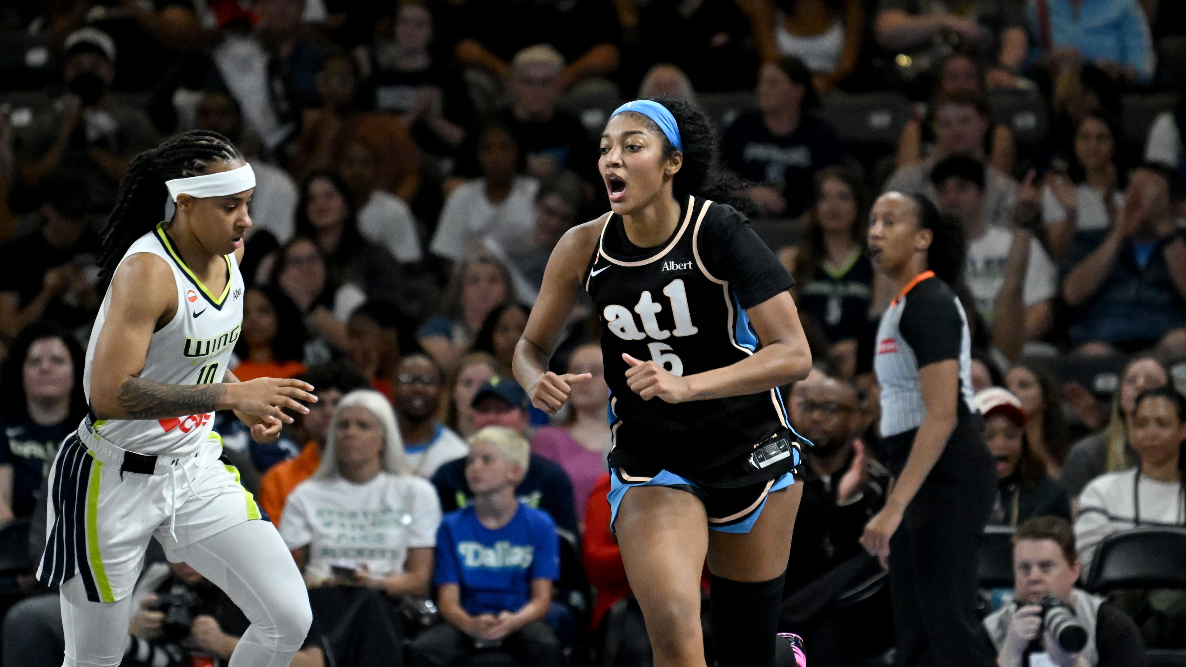 Atlanta Dream forward Angel Reese reacts after scoring during the first half in a WNBA basketball game at Gateway Center Arena on Friday, May 22, 2026, in Atlanta. (Hyosub Shin/AJC)