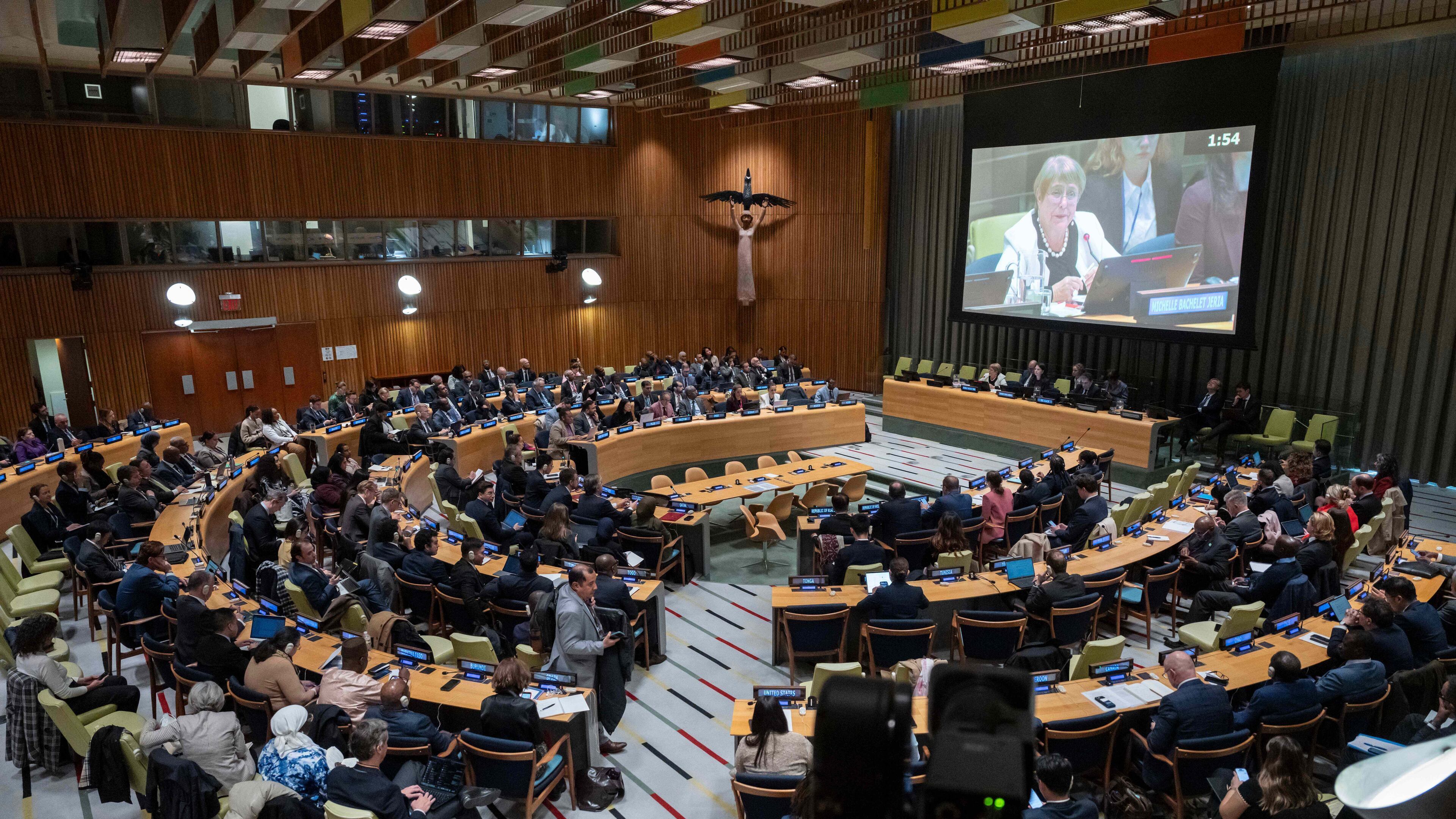Michelle Bachelet, former Chilean president and a candidate for United Nations secretary-general, speaks during an informal dialogue at U.N. headquarters, Tuesday, April 21, 2026. (AP Photo/Yuki Iwamura)