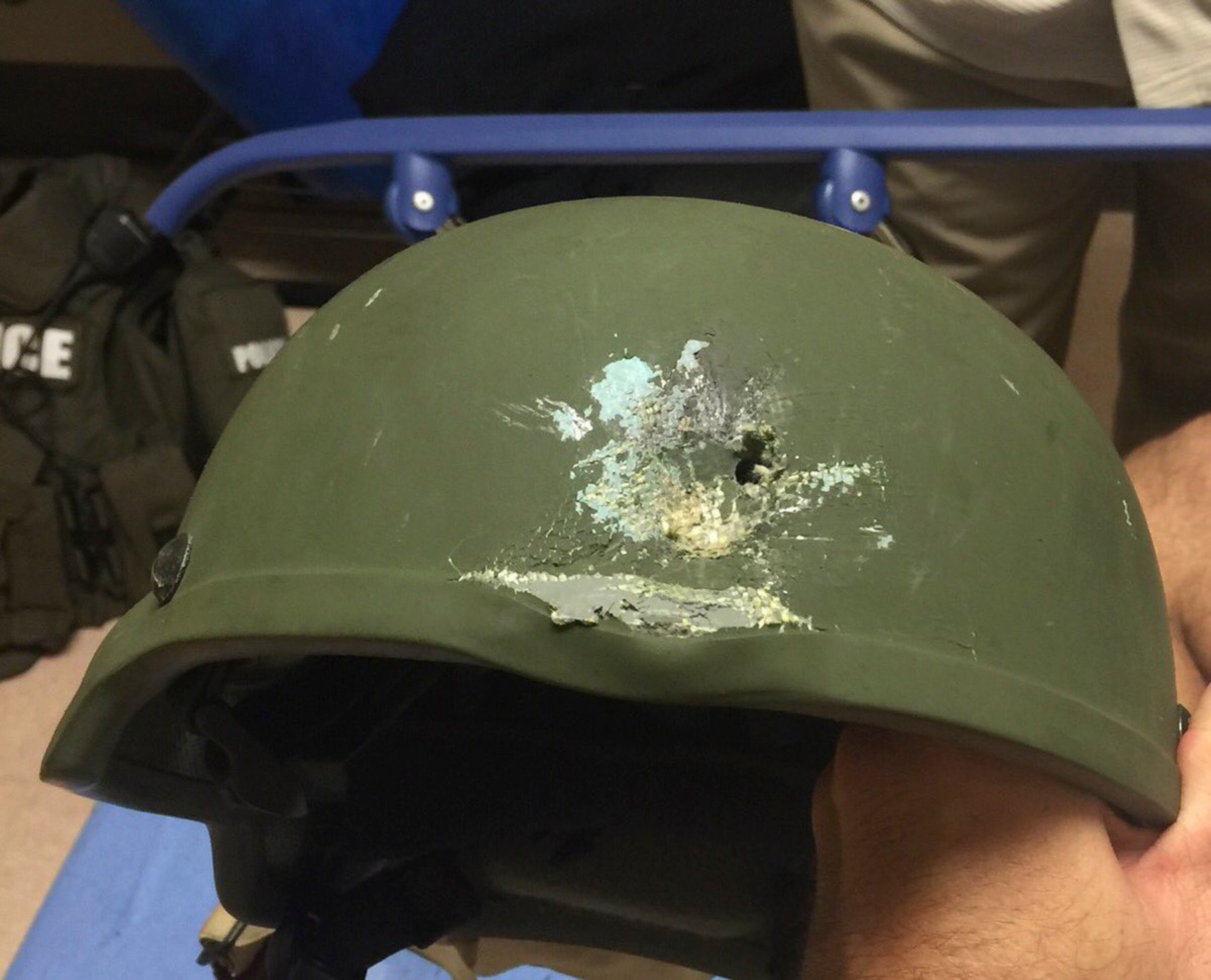 In a photo from the Orlando Police, a Kelvar helmet worn by a police officer that was struck by gunfire during a shootout with the gunman at the Pulse nightclub in Orlando, Fla. The officer was saved by the helmet, and the gunman was killed in the shootout. The gunman killed 50 people and wounded 53 in a crowded gay nightclub early Sunday, officials said, in the worst mass shooting slaughter in American history, and law enforcement officials said it was an act of terrorism. (Orlando Police via The New York Times)