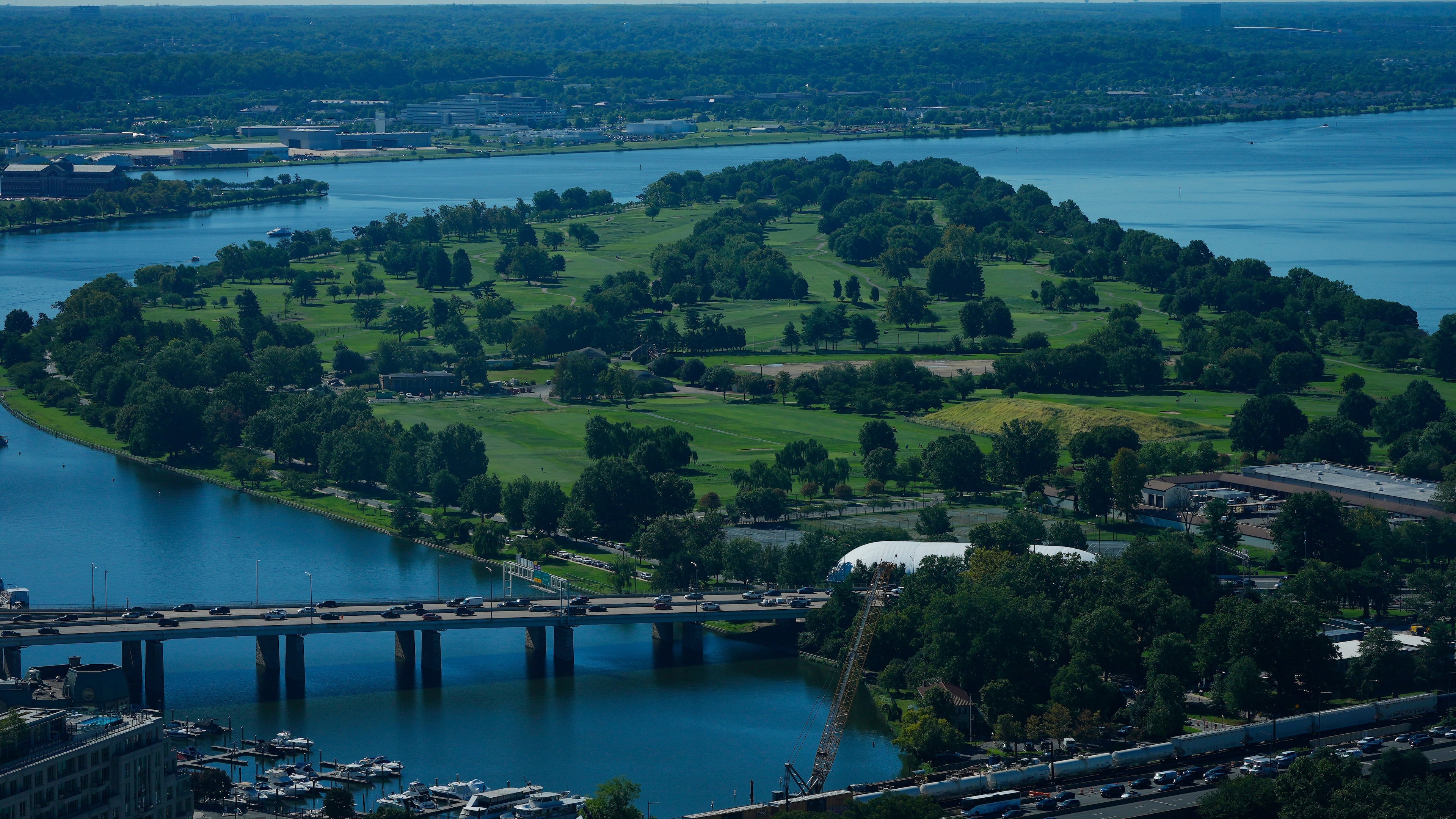 The East Potomac Park Golf Course is seen from the Washington Monument, Tuesday, Sept. 15, 2026, in Washington. (AP Photo/Pablo Martinez Monsivais)