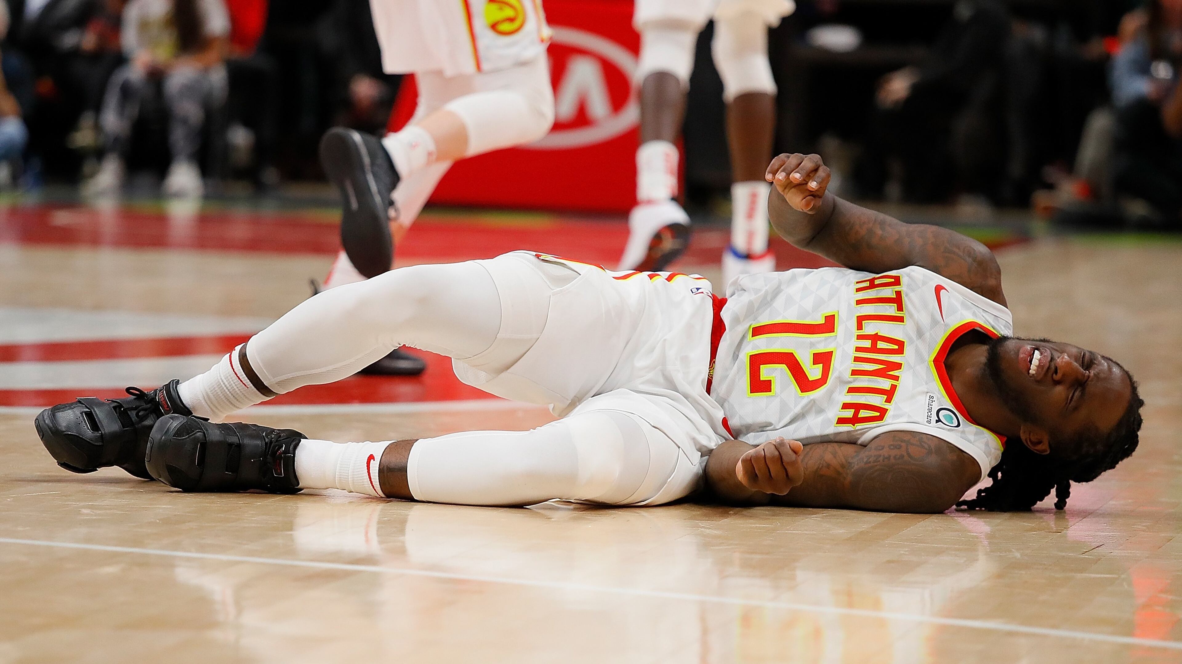 Taurean Prince of the Atlanta Hawks reacts against the Golden State Warriors at State Farm Arena on December 3, 2018 in Atlanta, Georgia.