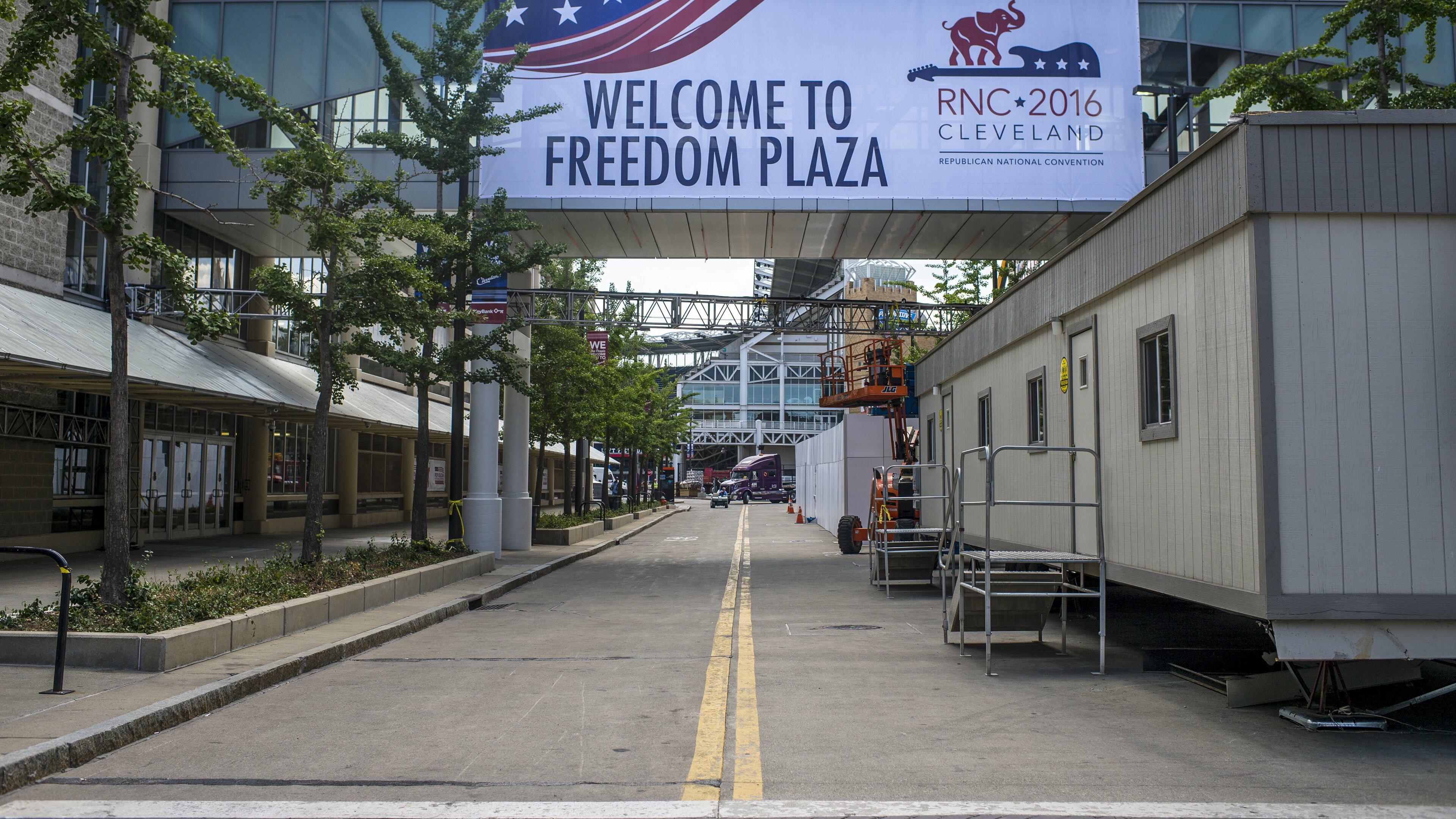 A banner welcoming participants of the 2016 Republican National Convention hangs between Quicken Loans Arena and a parking garage in Cleveland, Ohio. Angelo Merendino/Getty Images