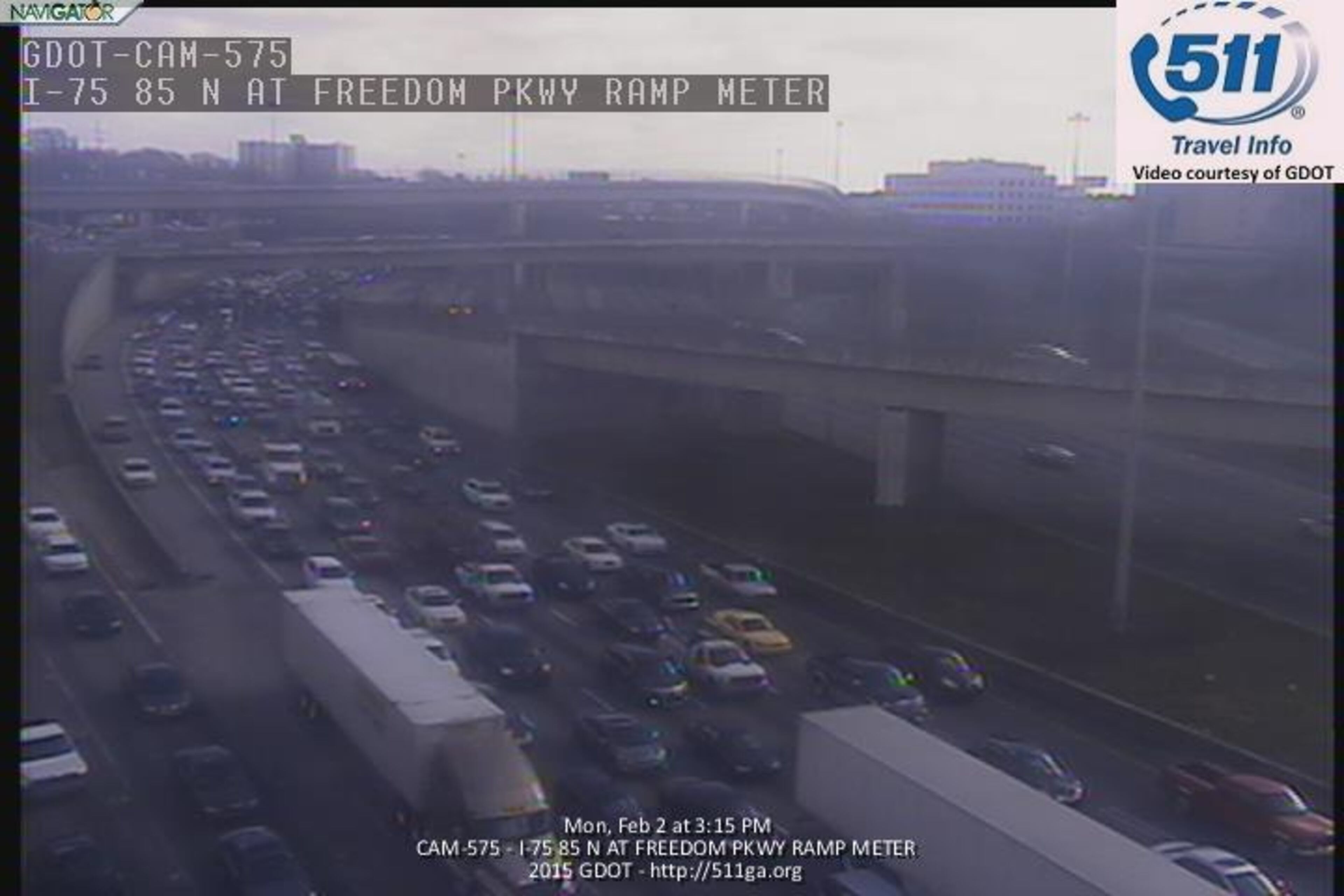 The Dowtown Connector was shut down in both directions shortly before 2 p.m., following the discovery of a suspicious package on the 14th Street Bridge. Lanes reopened well before 5 p.m., but the freeze caused a backlog in both directions. GDOT traffic cameras show the escalating congestion.