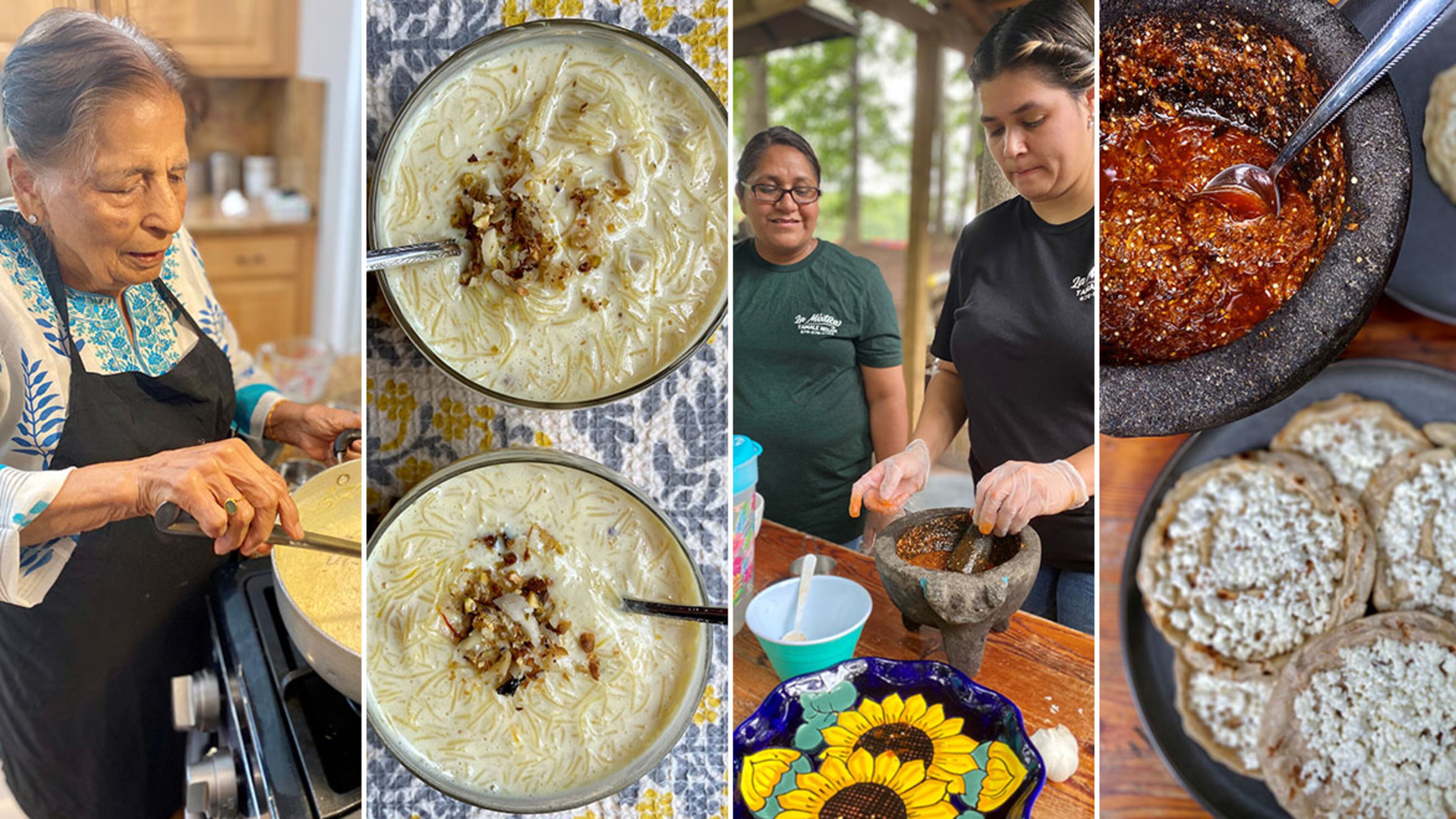 Nirmala Arneja stirs up vermicelli kheer at her daughter and son-in-law’s home in Decatur.
Antonina Hernandez de Paz watches while her sister-in-law, Silvia Hernandez, makes a salsa of chile de arbol, garlic and tomatillos in the molcajete that belonged to Antonina’s late mother, Rosa Hernandez Lopez. The salsa is used as garnish for Picaditas de Queso Fresco. (Wendell Brock for The Atlanta Journal-Constitution)