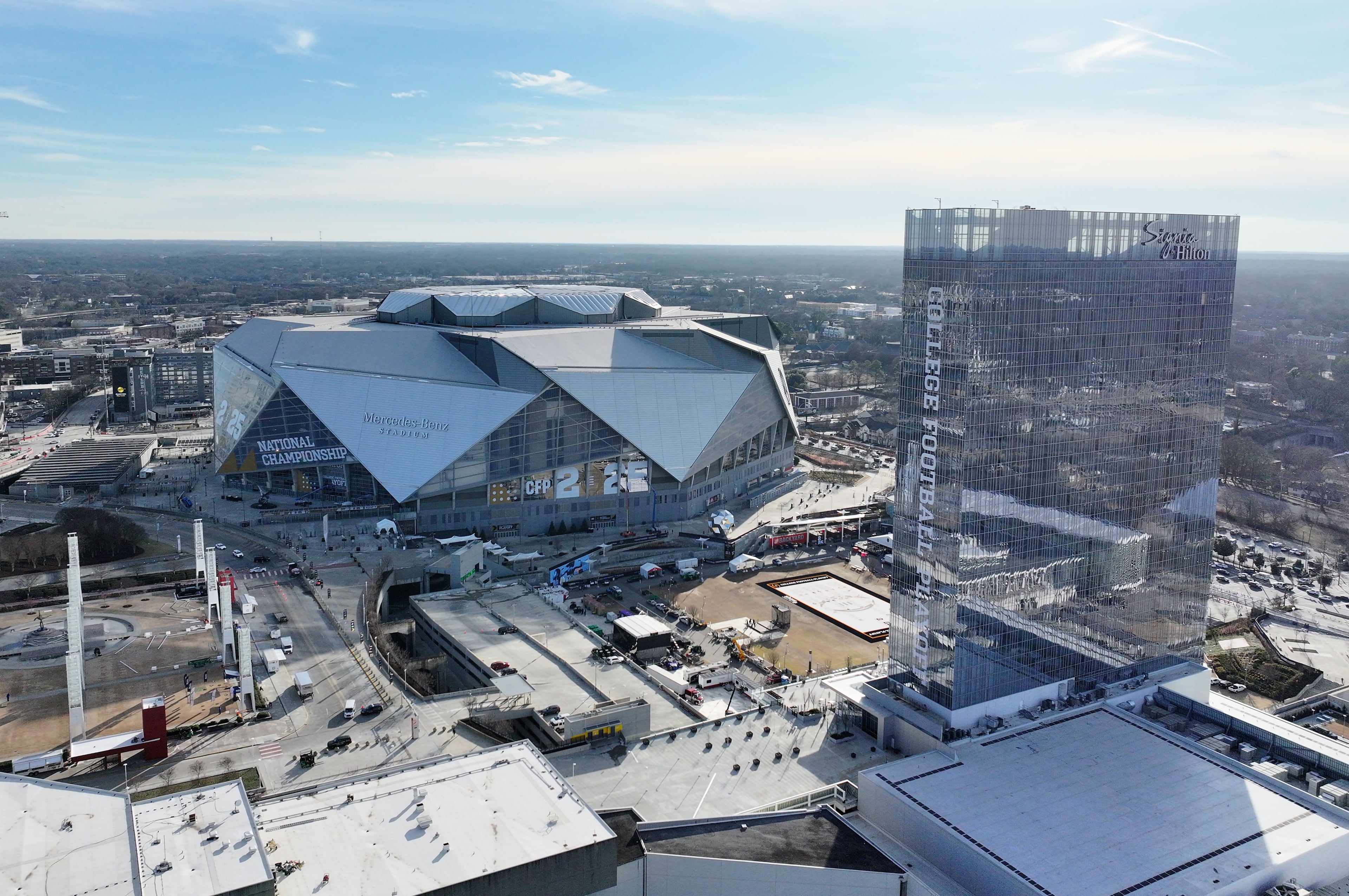 Mercedes-Benz Stadium — pictured decorated for the College Football Playoff championship game in January 2025 — will host eight World Cup games this summer. (Hyosub Shin/AJC 2025)