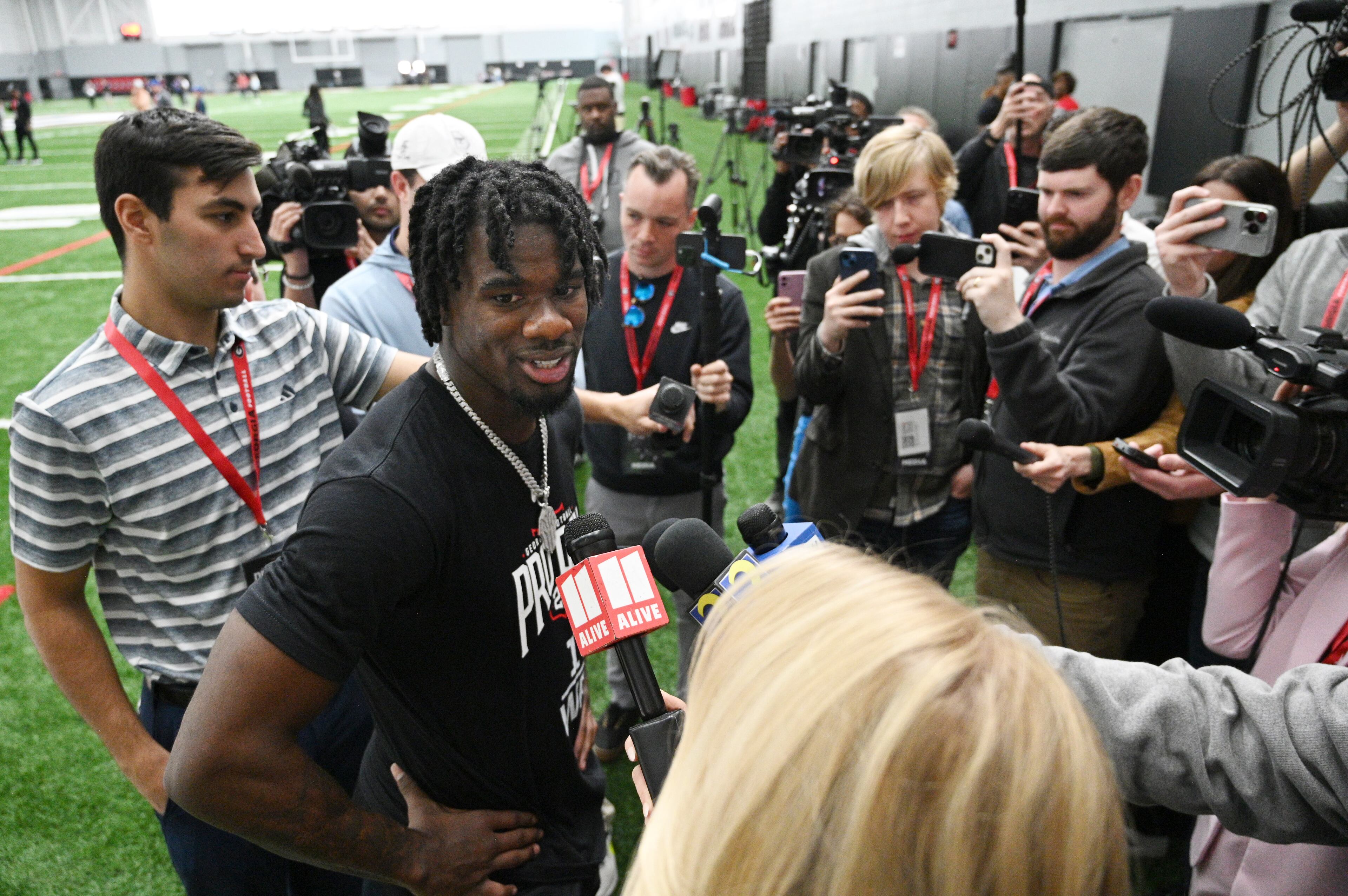 Georgia wide receiver Marcus Rosemy-Jacksaint speaks to members of the media during Georgia Pro Day at Payne Indoor Athletic Facility, Wednesday, Mar. 13, 2024, in Athens. (Hyosub Shin / Hyosub.Shin@ajc.com)