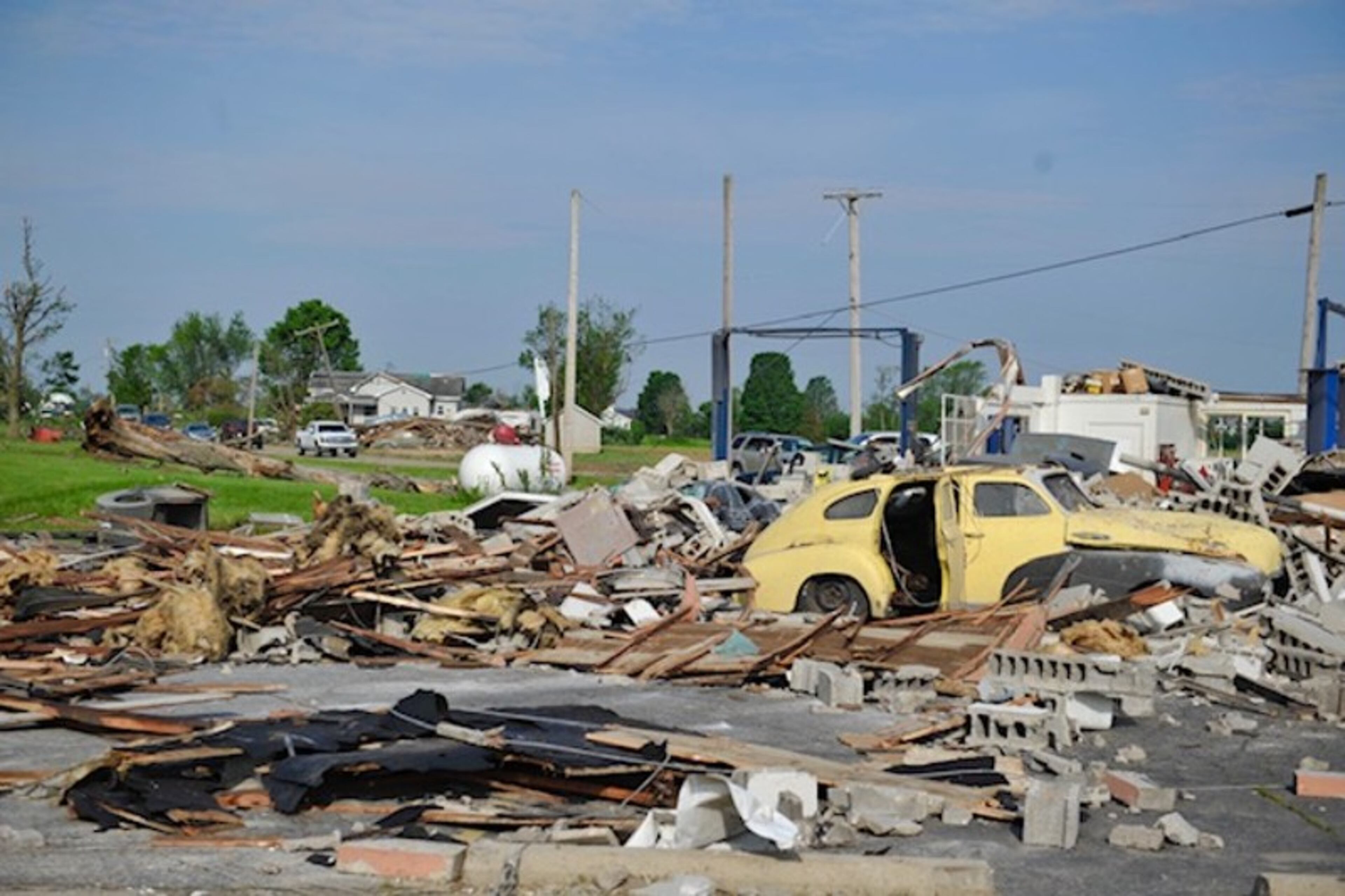 Suspected tornado damage can be seen in Brookville, Ohio, on Tuesday, May 28, 2019.
