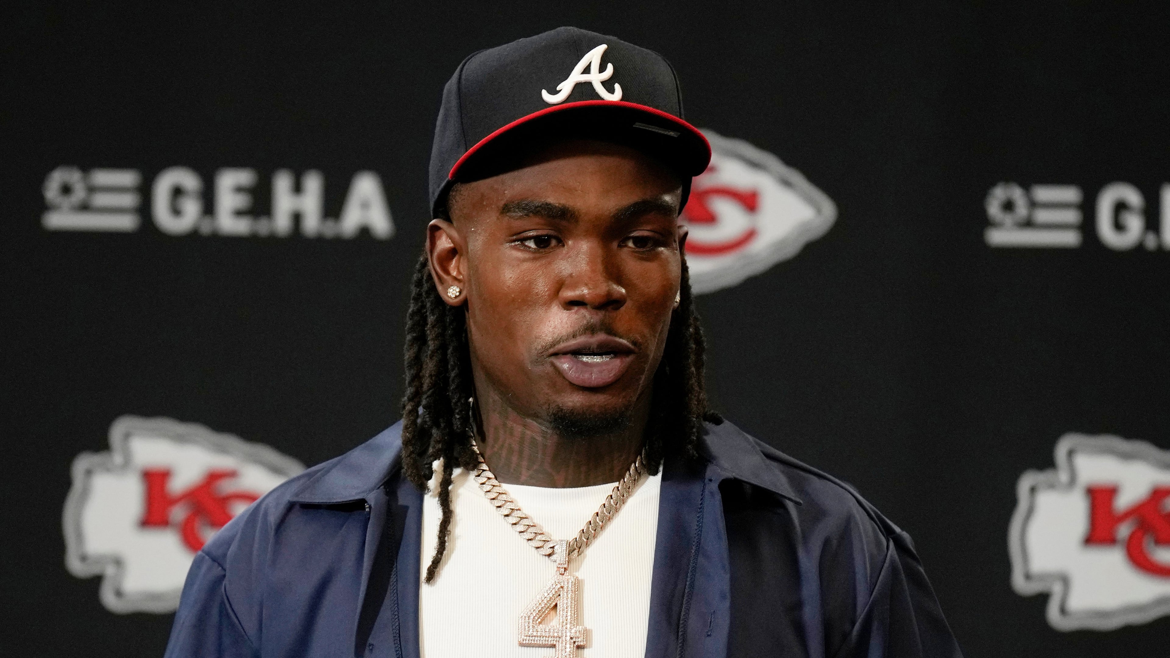 FILE - Kansas City Chiefs wide receiver Rashee Rice speaks during a news conference following an NFL football game against the Indianapolis Colts, Nov. 23, 2025, in Kansas City, Mo. (AP Photo/Charlie Riedel, File)