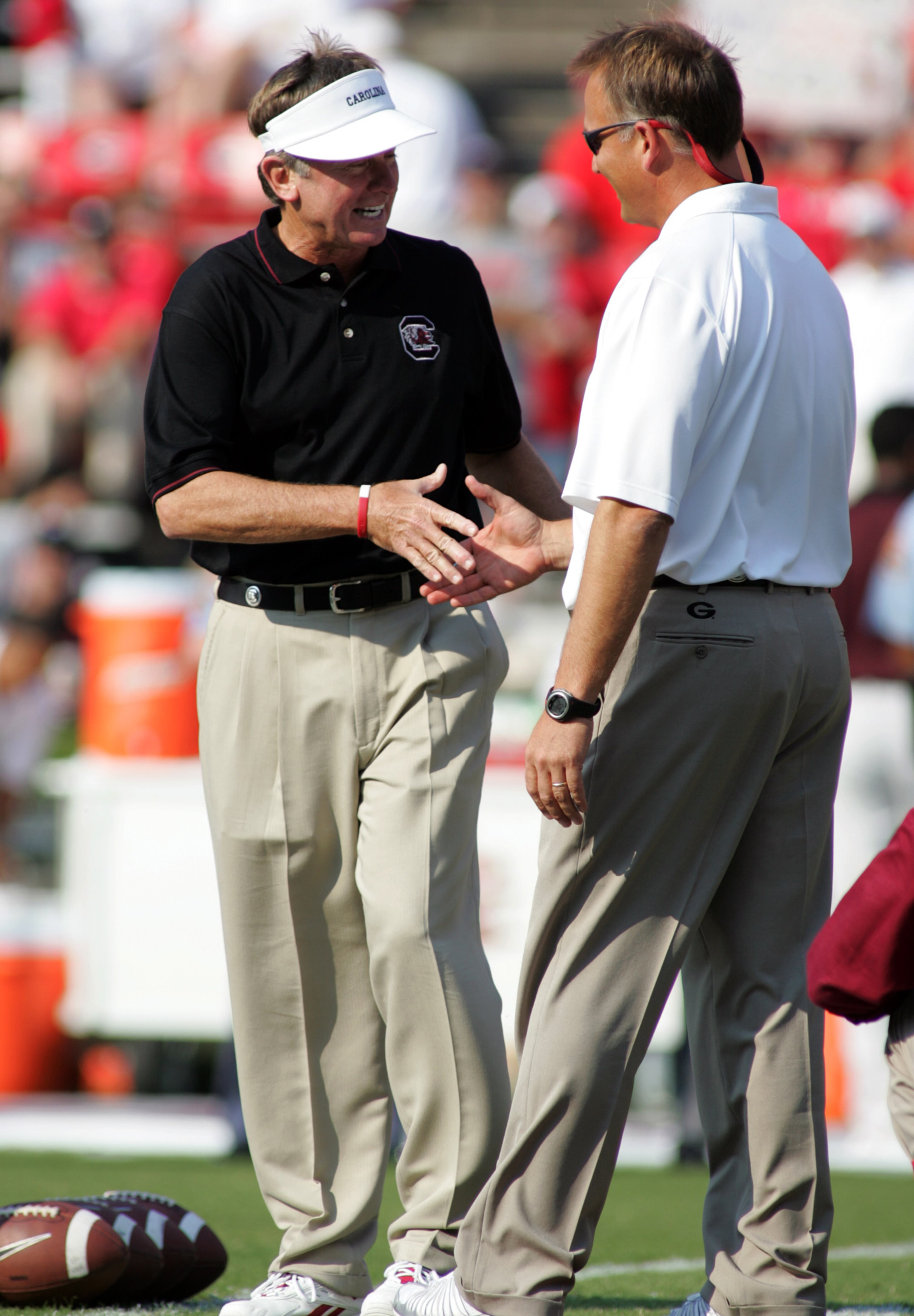 Richt and South Carolina coach Steve Spurrier meet on the field prior to the 2005 matchup in Athens, won by UGA 17-15.