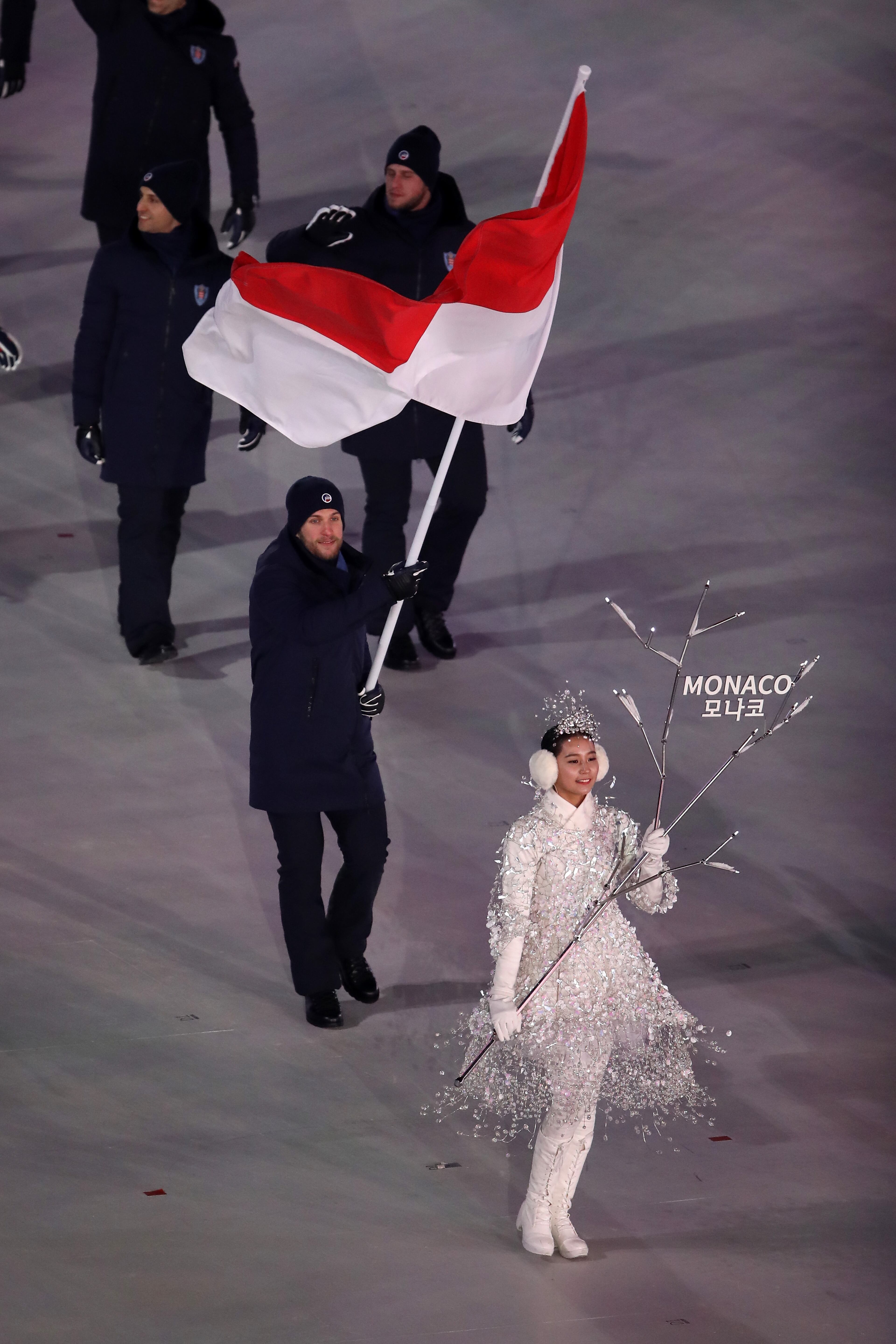 PYEONGCHANG-GUN, SOUTH KOREA - FEBRUARY 09: Flag bearer Rudy Rinaldi of Monaco leads the team out during the Opening Ceremony of the PyeongChang 2018 Winter Olympic Games at PyeongChang Olympic Stadium on February 9, 2018 in Pyeongchang-gun, South Korea. (Photo by Sean M. Haffey/Getty Images)