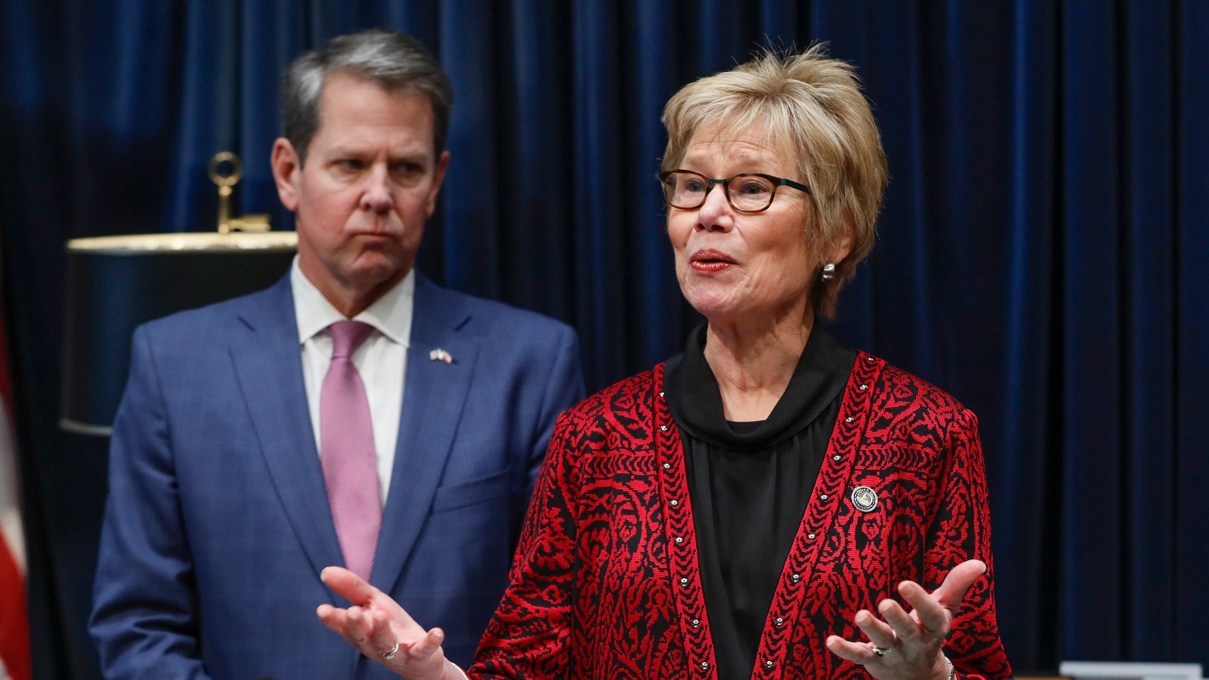 Gov. Brian Kemp and Georgia Public Health Commissioner Kathleen Toomey speak during a media briefing on Feb. 28, 2020. Bob Andres / robert.andres@ajc.com
