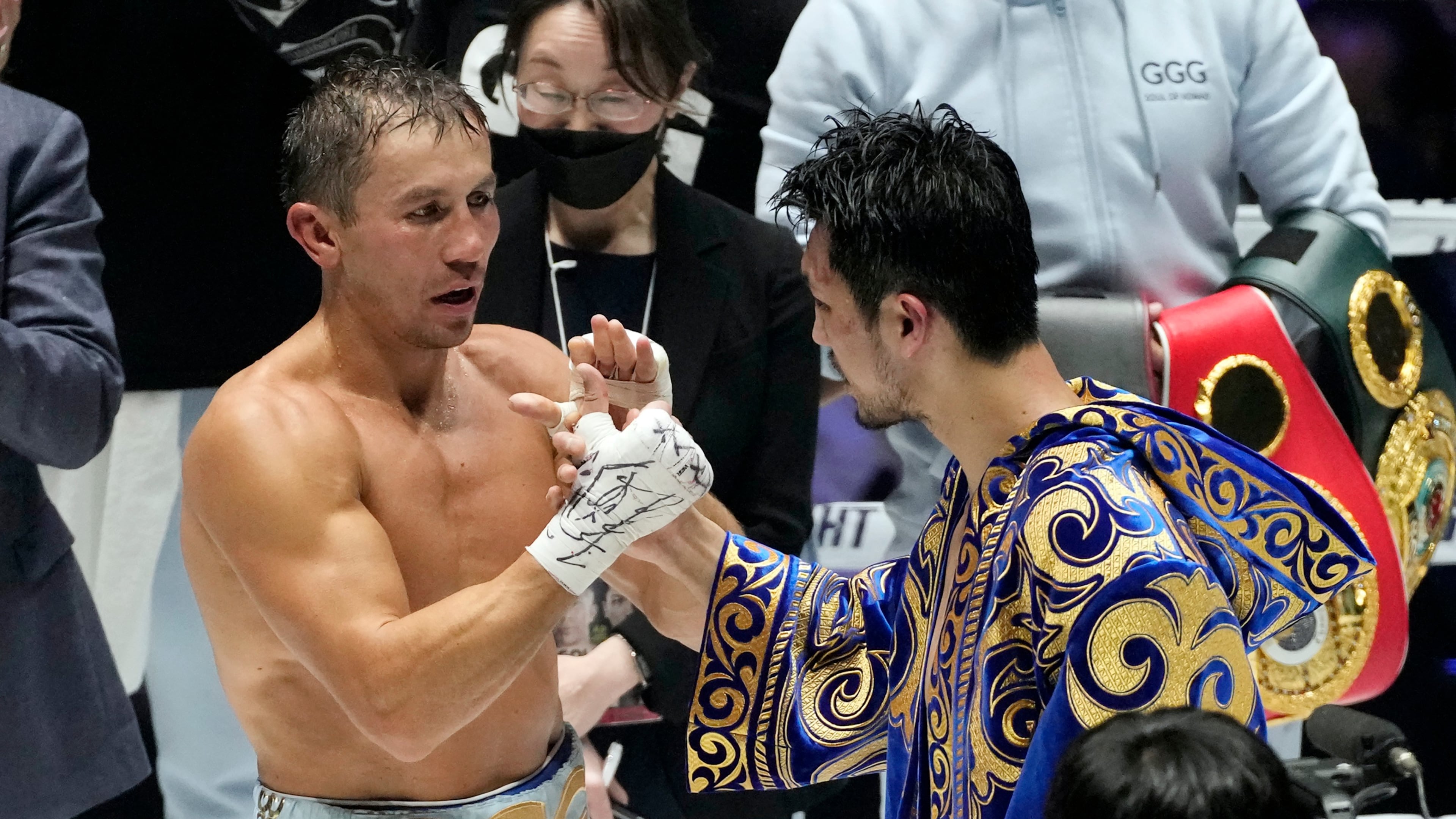 FILE - Gennadiy Golovkin, of Kazakhstan, left, and Ryota Murata, of Japan, greet each other after a boxing title match in Saitama, near Tokyo, April 9, 2022. (AP Photo/Shuji Kajiyama, File)