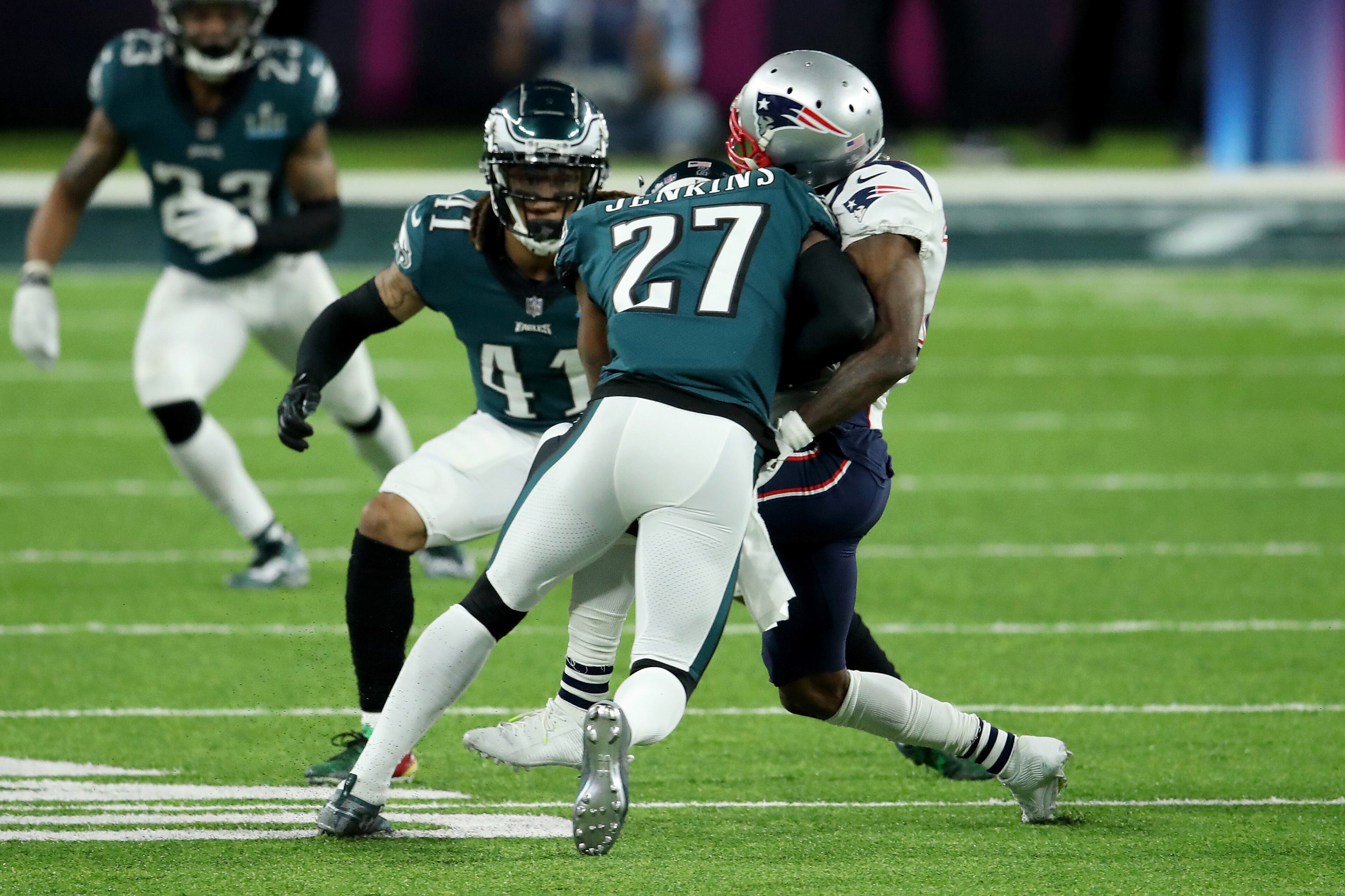 MINNEAPOLIS, MN - FEBRUARY 04: Malcolm Jenkins #27 of the Philadelphia Eagles tackles Brandin Cooks #14 of the New England Patriots duirng the second quarter in Super Bowl LII at U.S. Bank Stadium on February 4, 2018 in Minneapolis, Minnesota. (Photo by Andy Lyons/Getty Images)