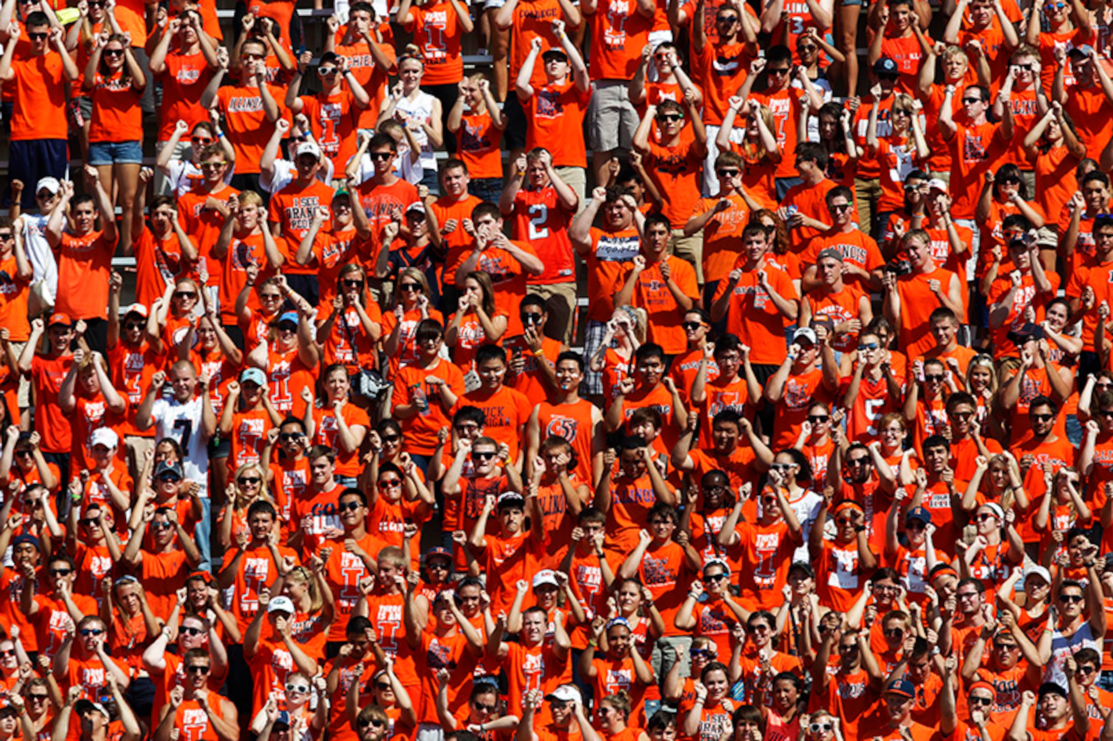 Illinois fans react during the first half of an NCAA college football game against Cincinnati on Saturday, Sept. 7, 2013, in Champaign, Ill.