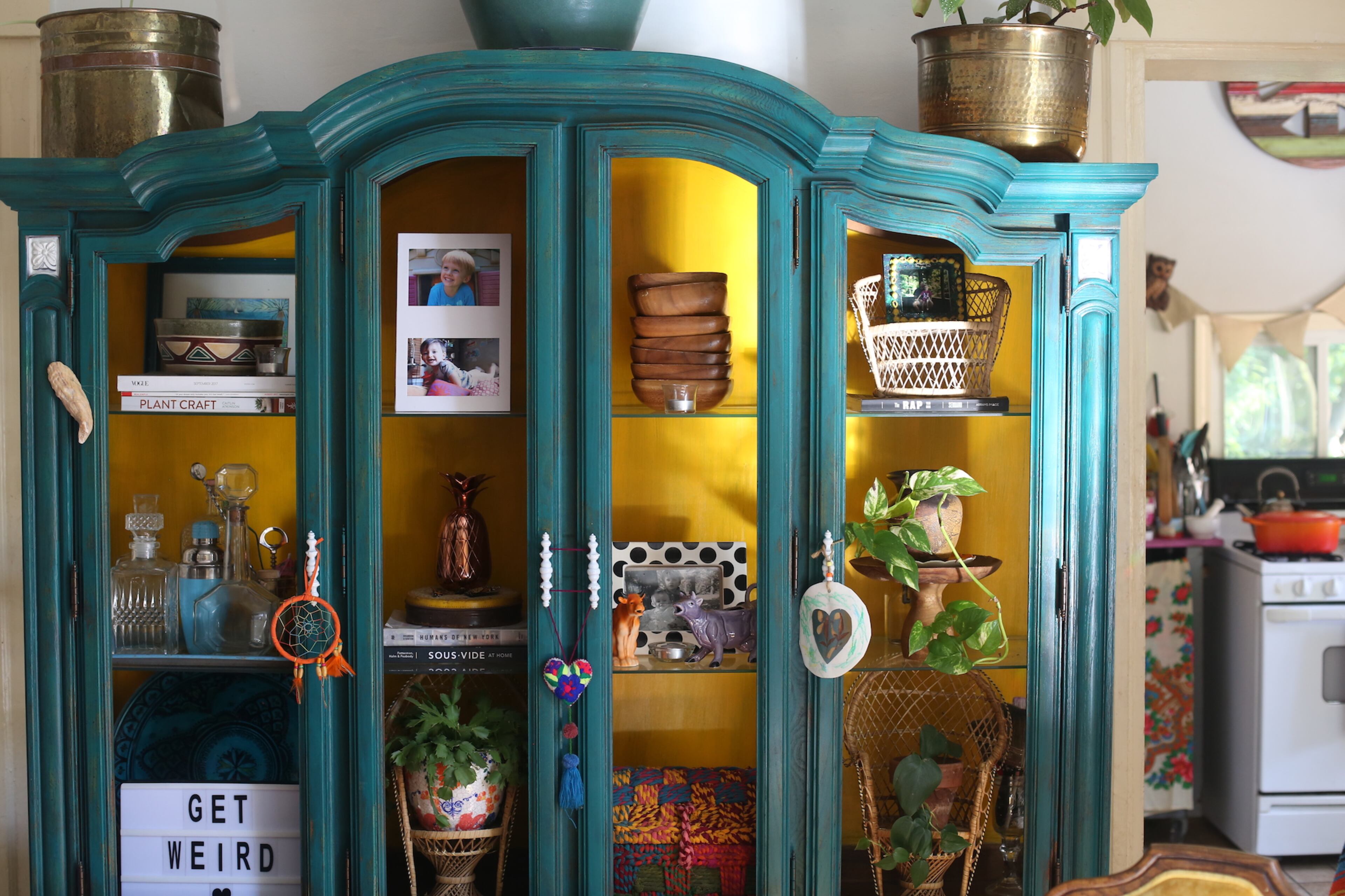 Augusta Wheeler said she tests the waters for her painted pieces in progress by posting them on Instagram (@thethriftyhippie) and getting followers' feedback. The china cabinet is painted Valspar's Northern Hemisphere.