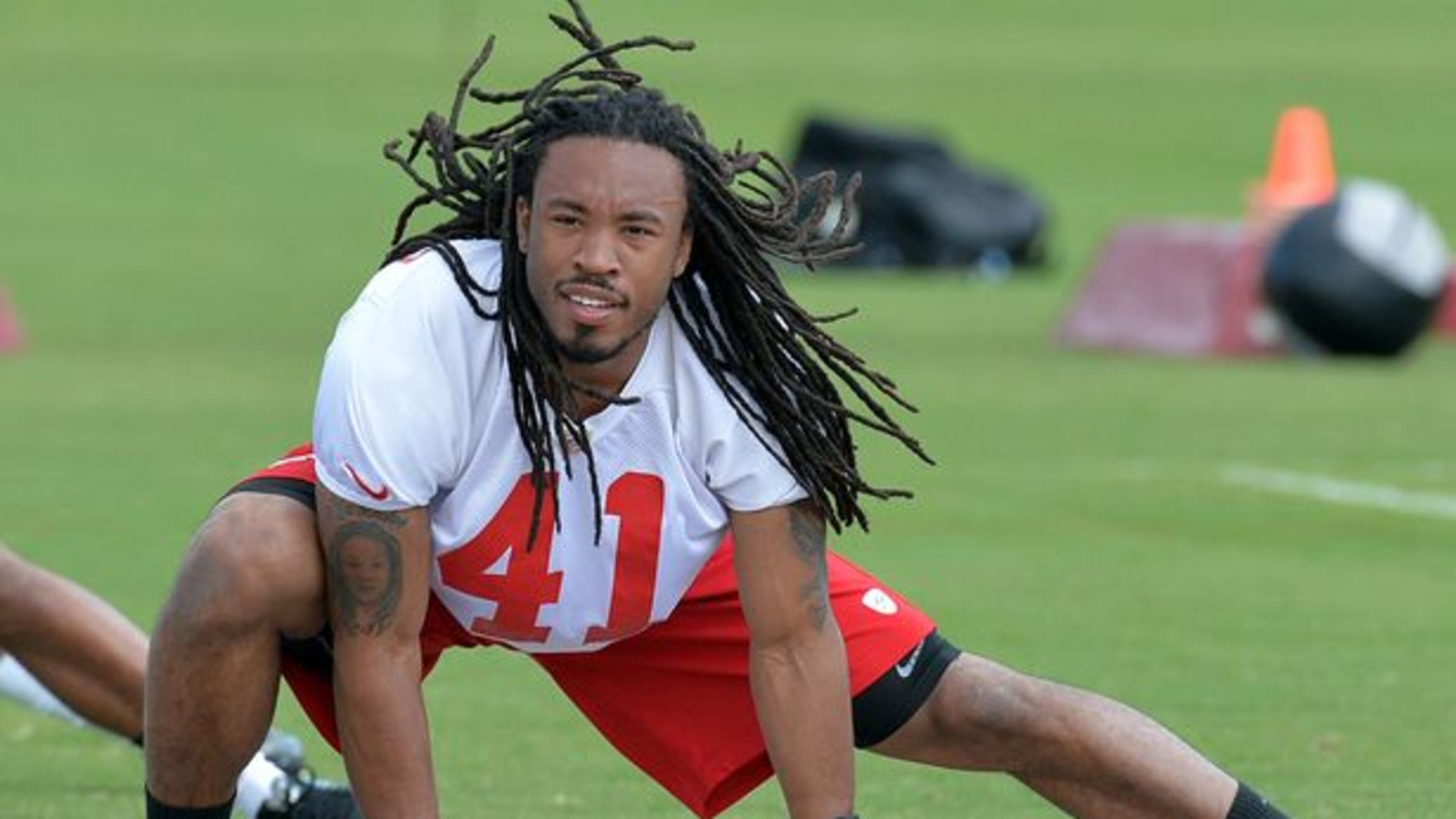 FILE PHOTO: Falcons rookie safely Dezmen Southward warms up during the first day of minicamp for rookies Friday, May 16, 2014 at the Falcons complex in Flowery Branch. HYOSUB SHIN / HSHIN@AJC.COM