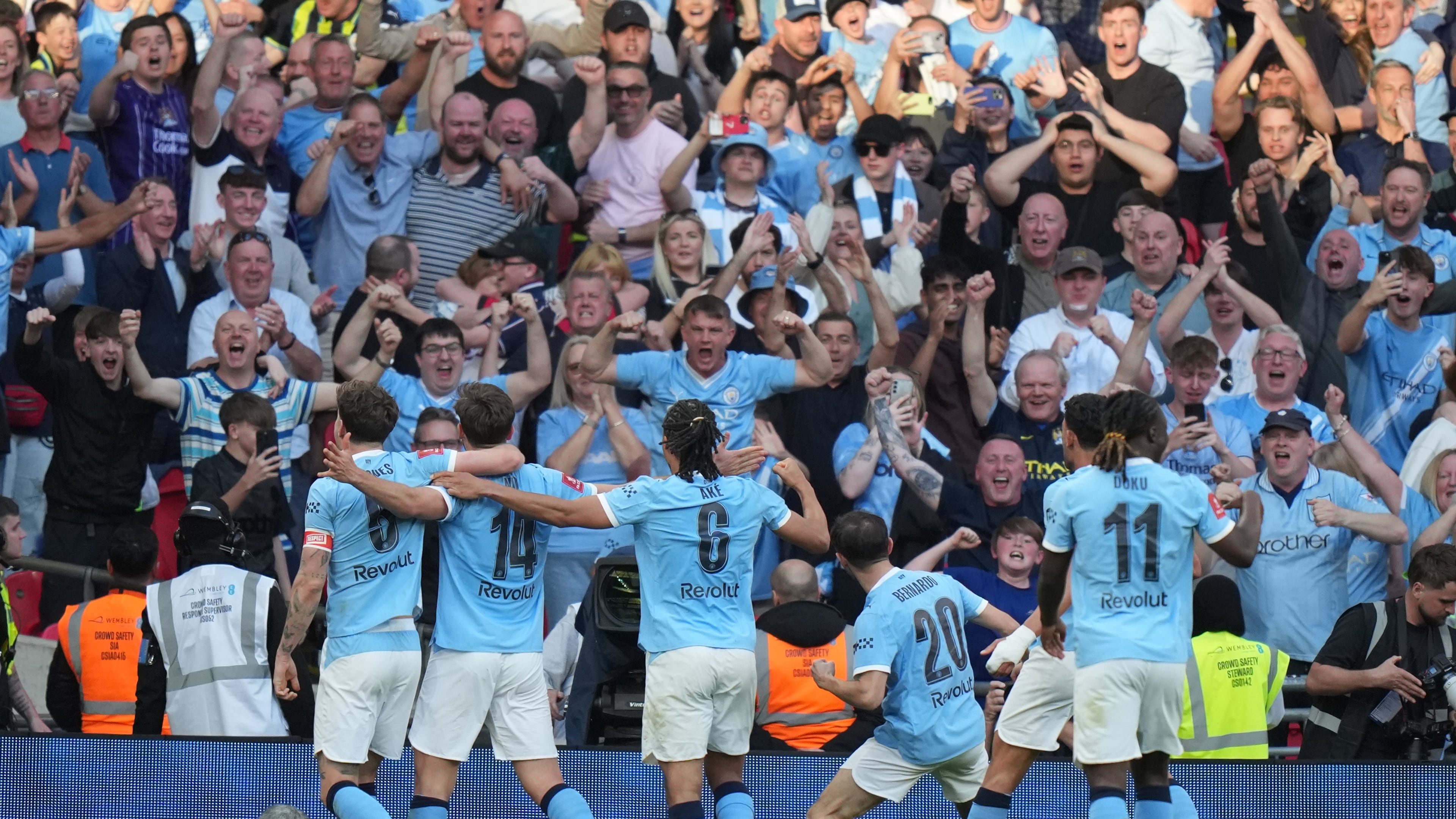 Manchester City players celebrate after scoring during the FA Cup semifinal soccer match between Manchester City and Southampton in Manchester, England, Saturday, April 25, 2026. (AP Photo/Alastair Grant)