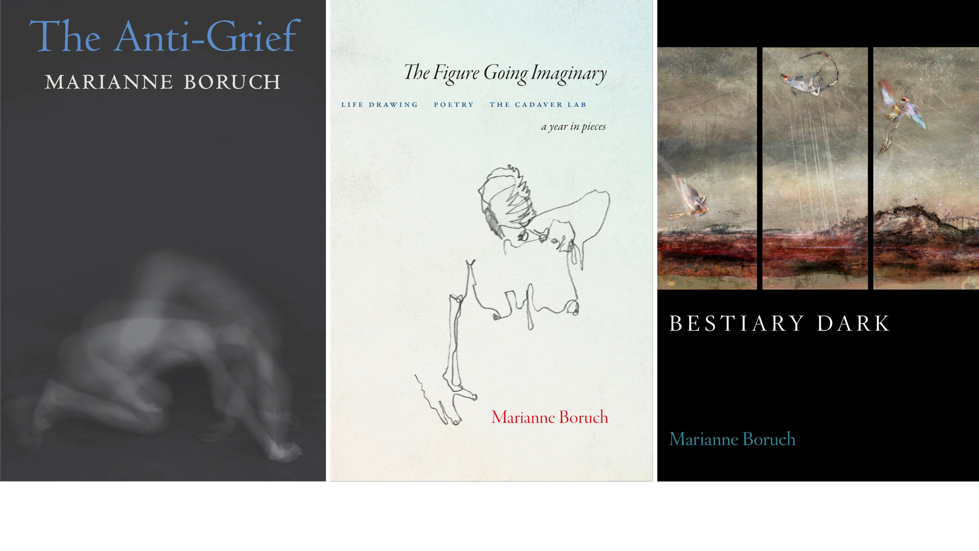 This combination of book cover images released by Copper Canyon Press shows poetry books by Marianne Boruch, from left, "The Anti-Grief," "The Figure Going Imaginary: Life Drawing, Poetry, The Cadaver Lab; A Year in Pieces," and "Bestiary Dark." (Copper Canyon Press via AP)