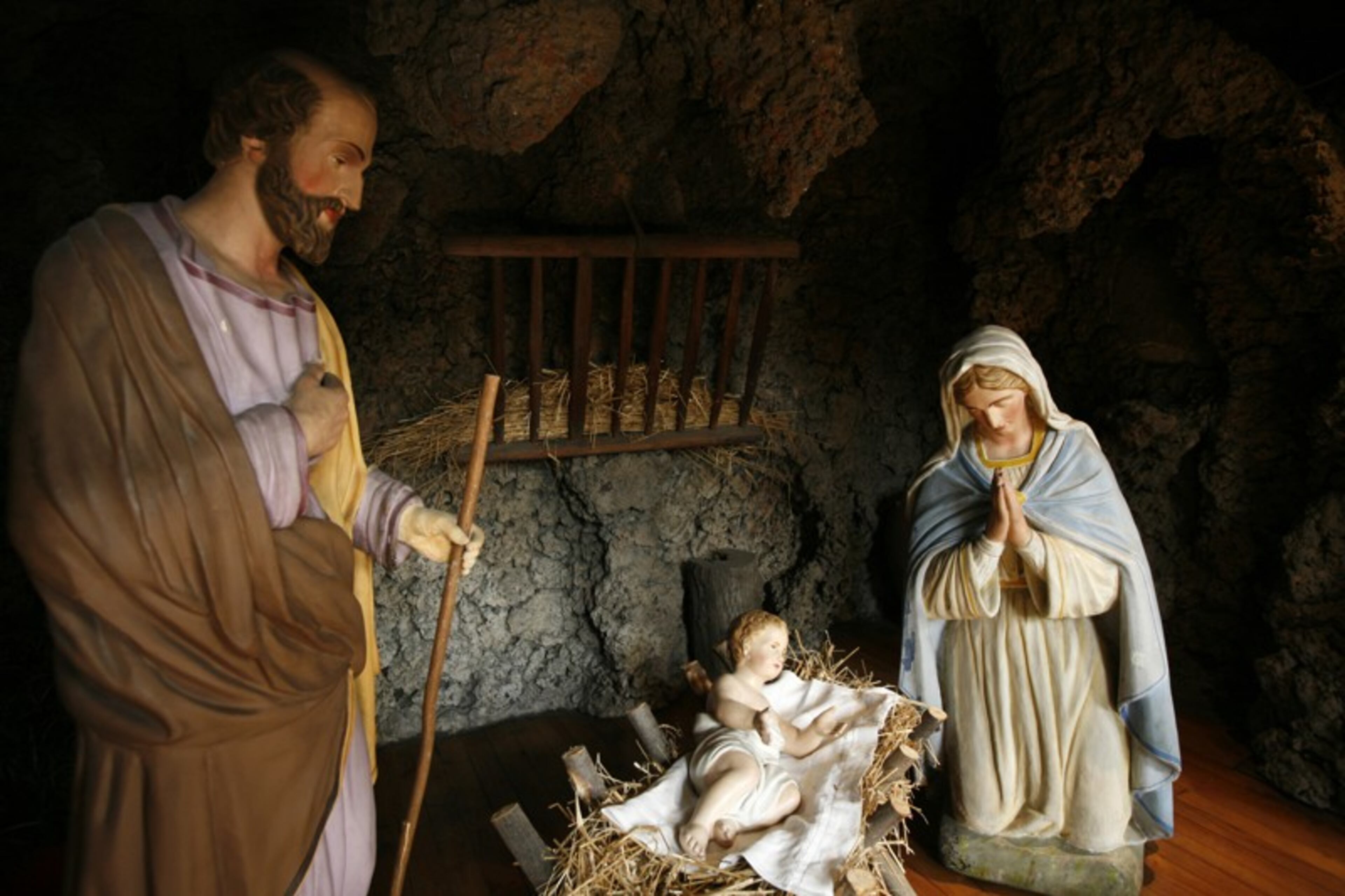 A Nativity scene symbolizes the birth of Jesus.