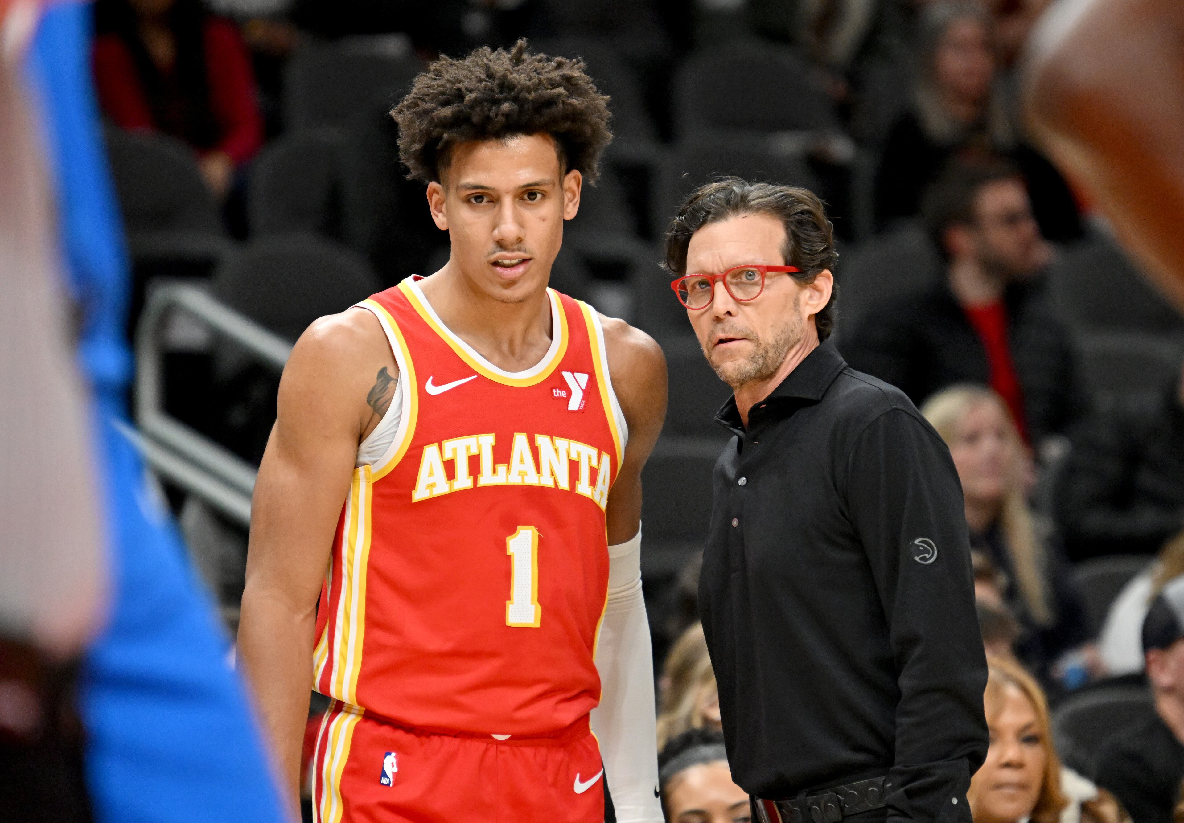 Atlanta Hawks head coach Quin Snyder confers with Atlanta Hawks forward Jalen Johnson (1) during the first half in an NBA basketball game at State Farm Arena, Wednesday, December 3, 2024, in Atlanta. (Hyosub Shin / Hyosub.Shin@ajc.com)